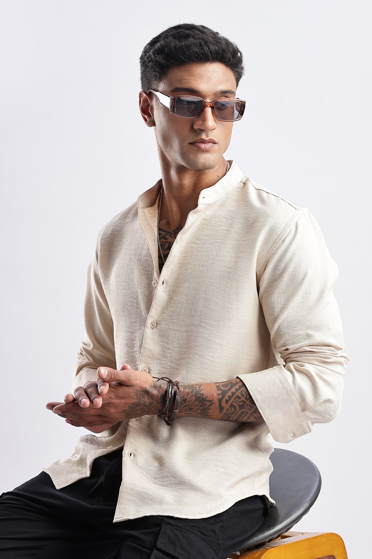 Men Milange Linen Look Shirts Mandarin Collar-Cream