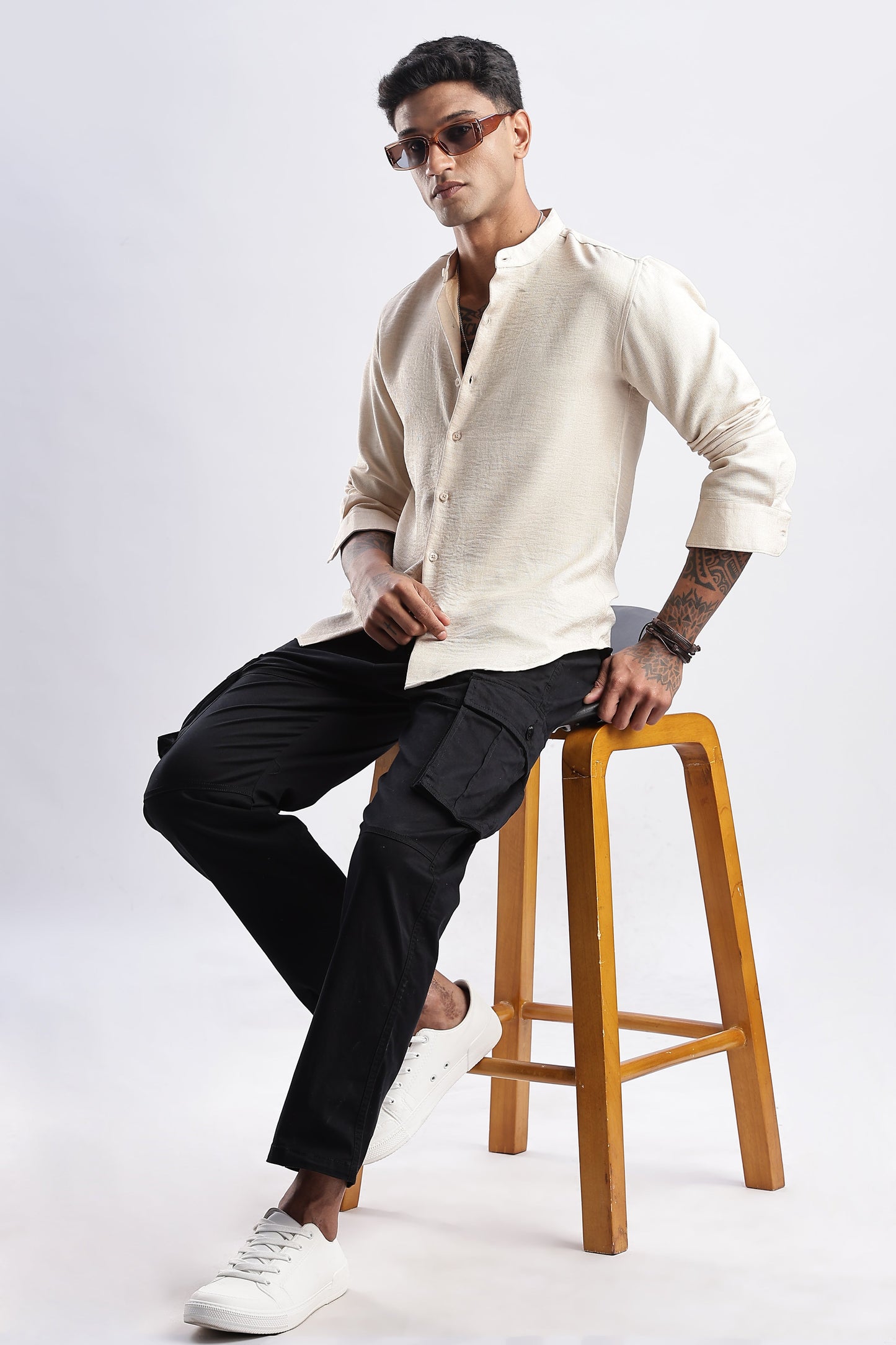 Men Milange Linen Look Shirts Mandarin Collar-Cream