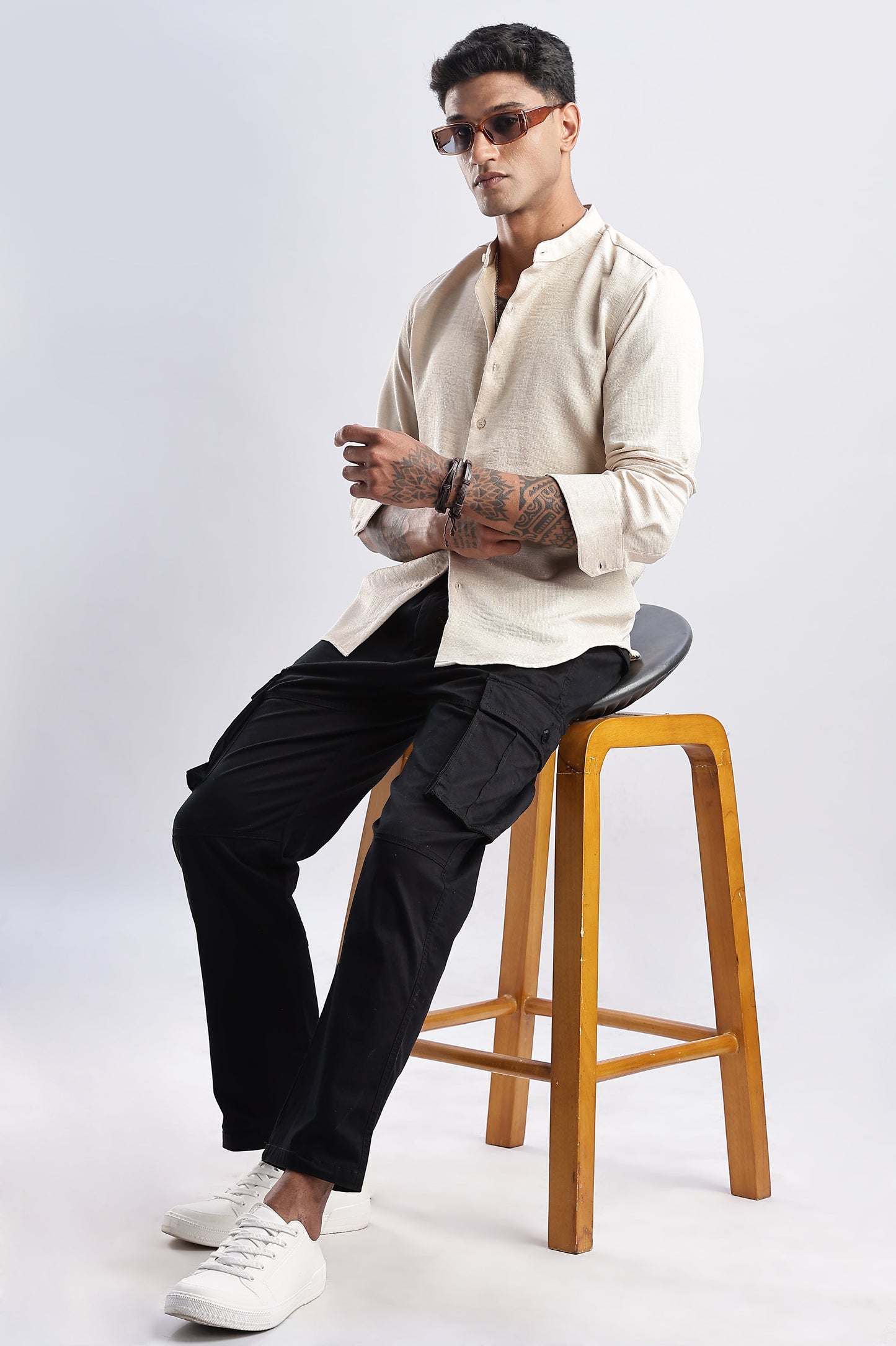 Men Milange Linen Look Shirts Mandarin Collar-Cream