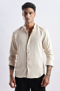 Men Milange Linen Look Shirts Mandarin Collar-Cream