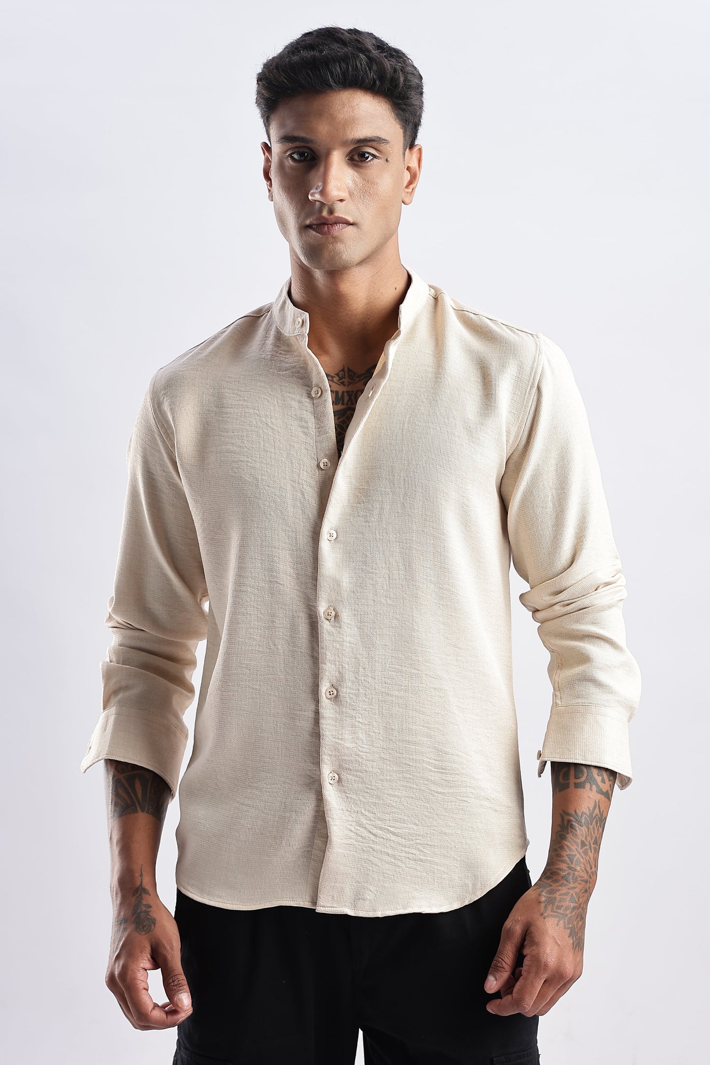 Men Milange Linen Look Shirts Mandarin Collar-Cream