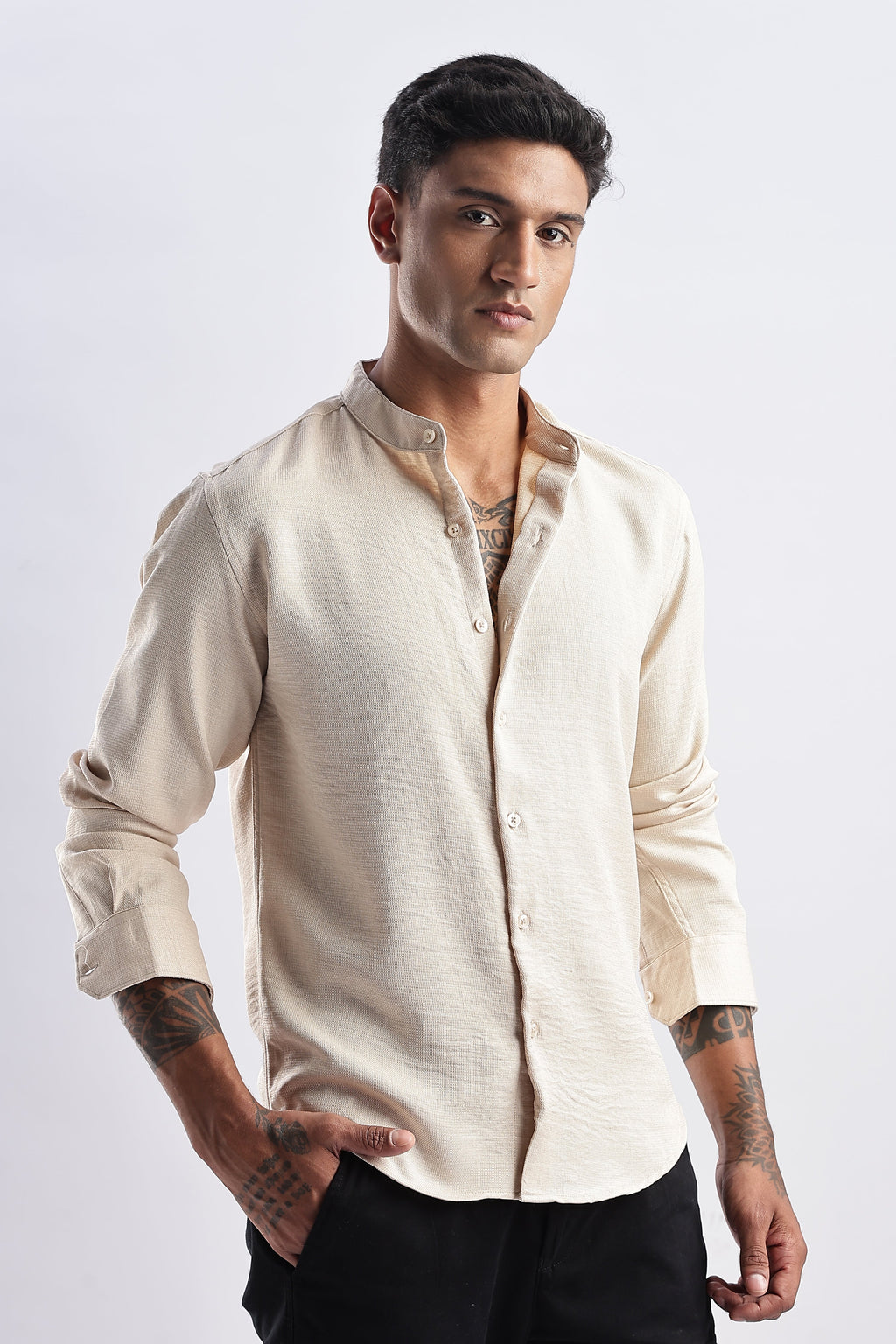 Men Milange Linen Look Shirts Mandarin Collar-Cream