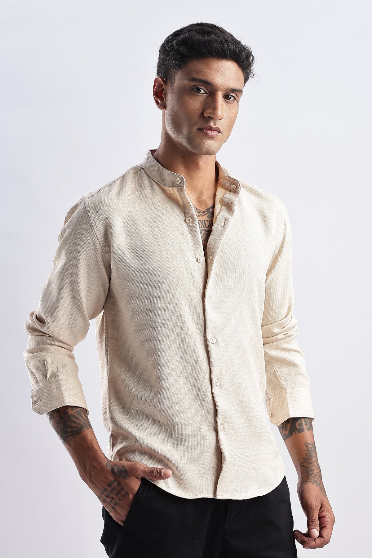Men Milange Linen Look Shirts Mandarin Collar-Cream
