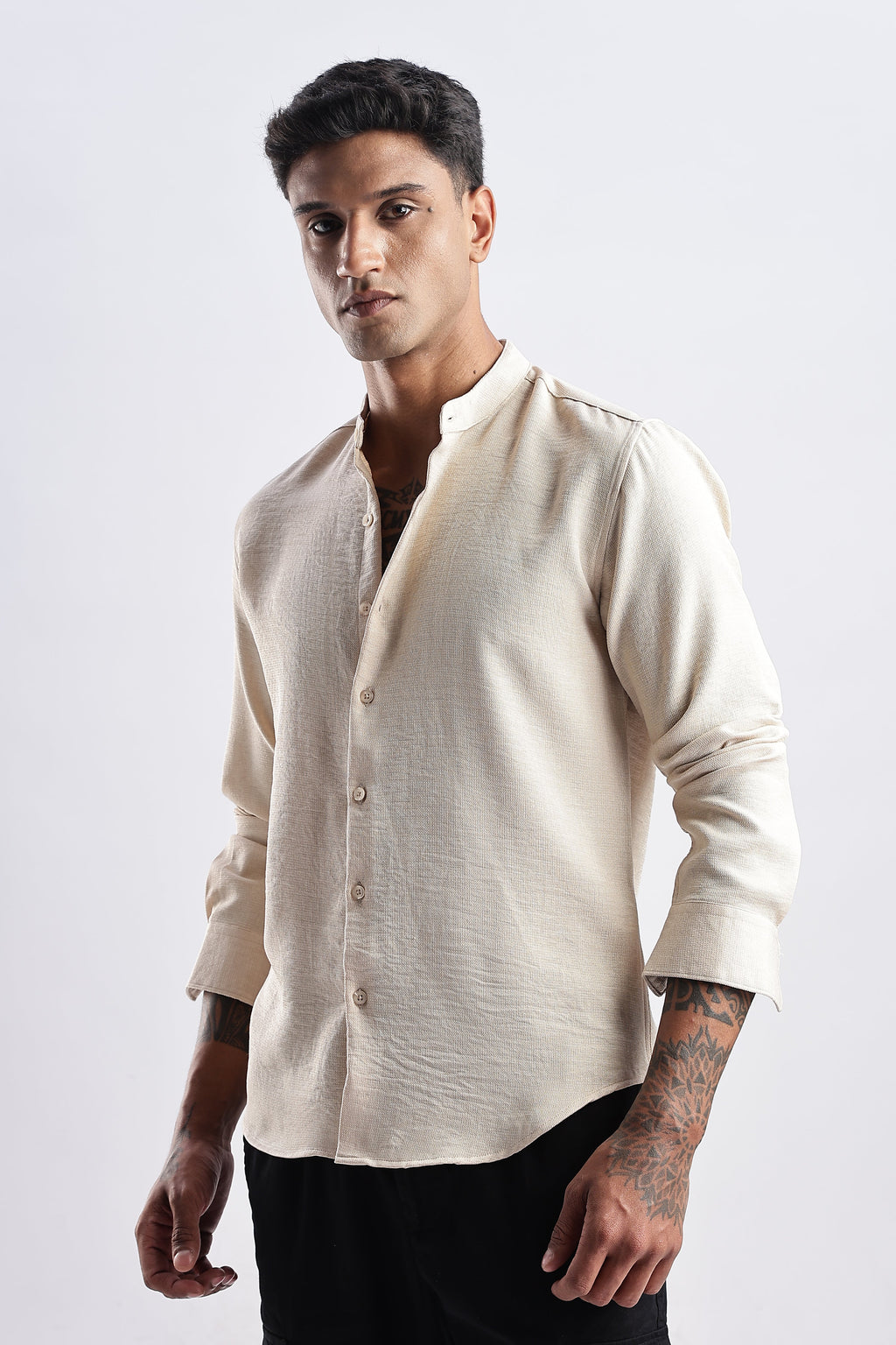 Men Milange Linen Look Shirts Mandarin Collar-Cream