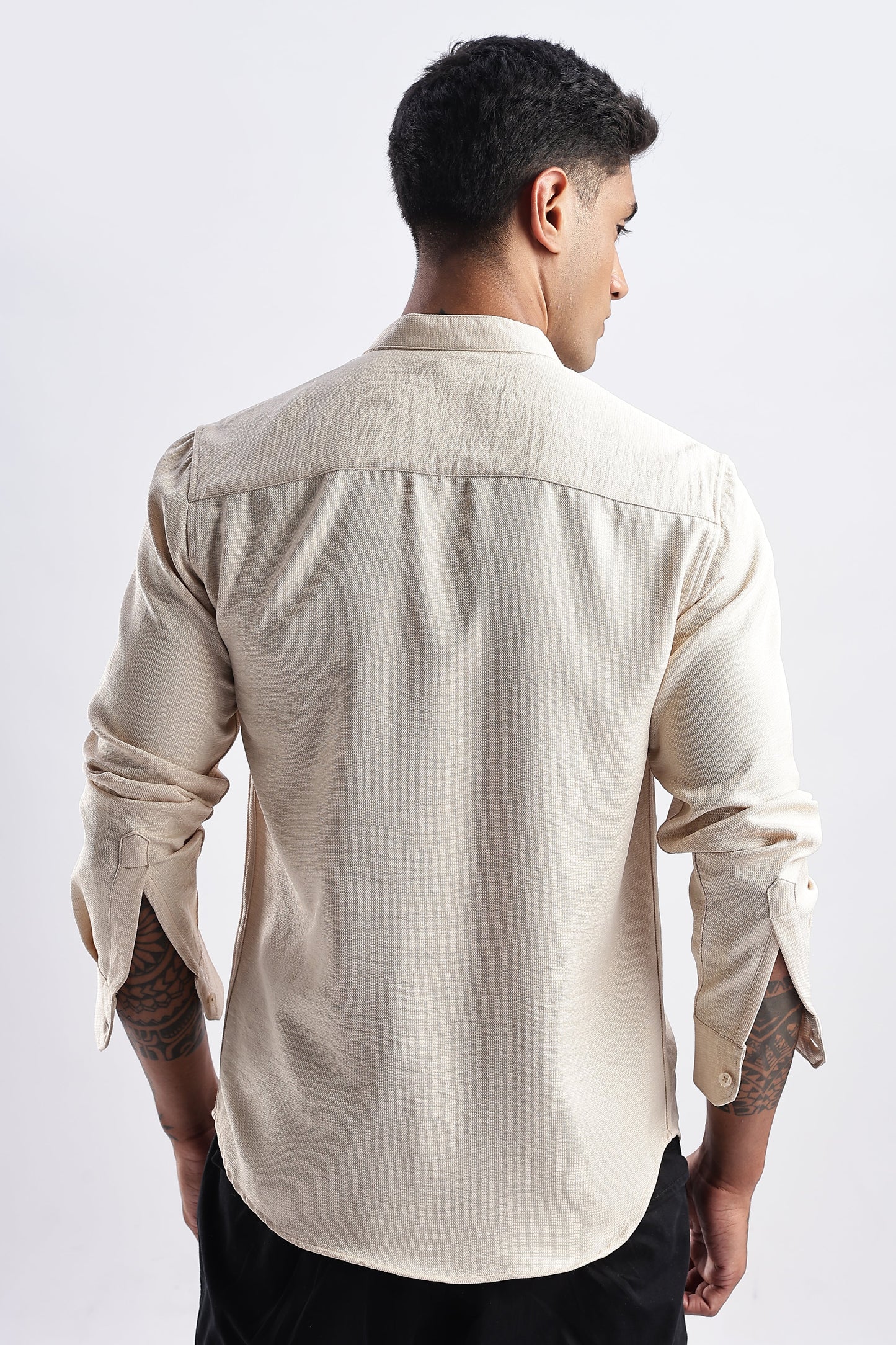 Men Milange Linen Look Shirts Mandarin Collar-Cream