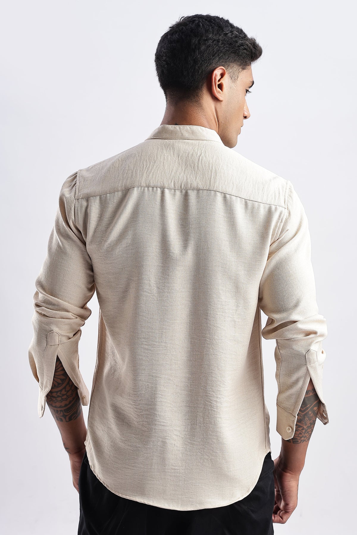 Men Milange Linen Look Shirts Mandarin Collar-Cream