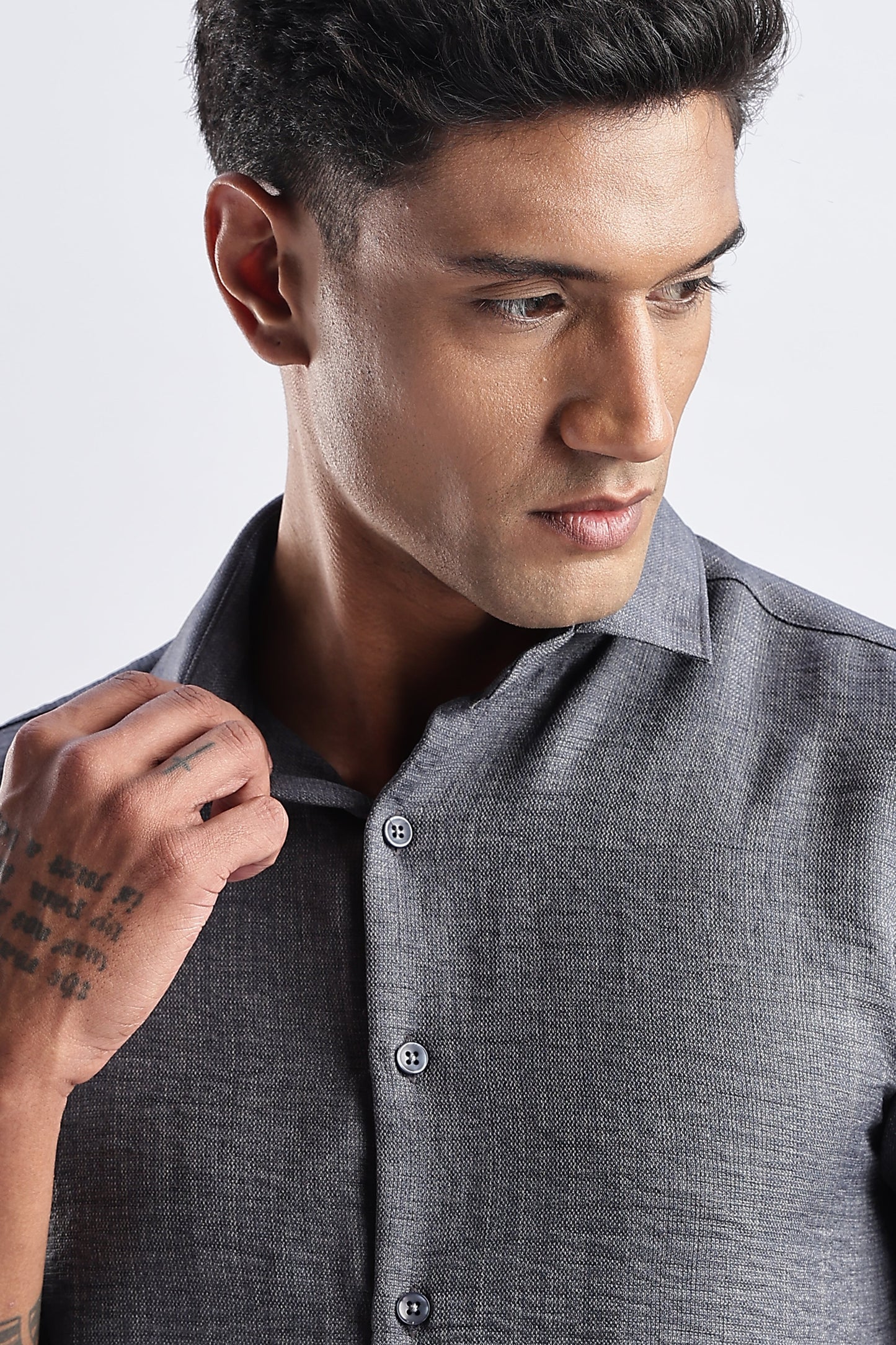 Men Milange Linen Look Shirts-Grey