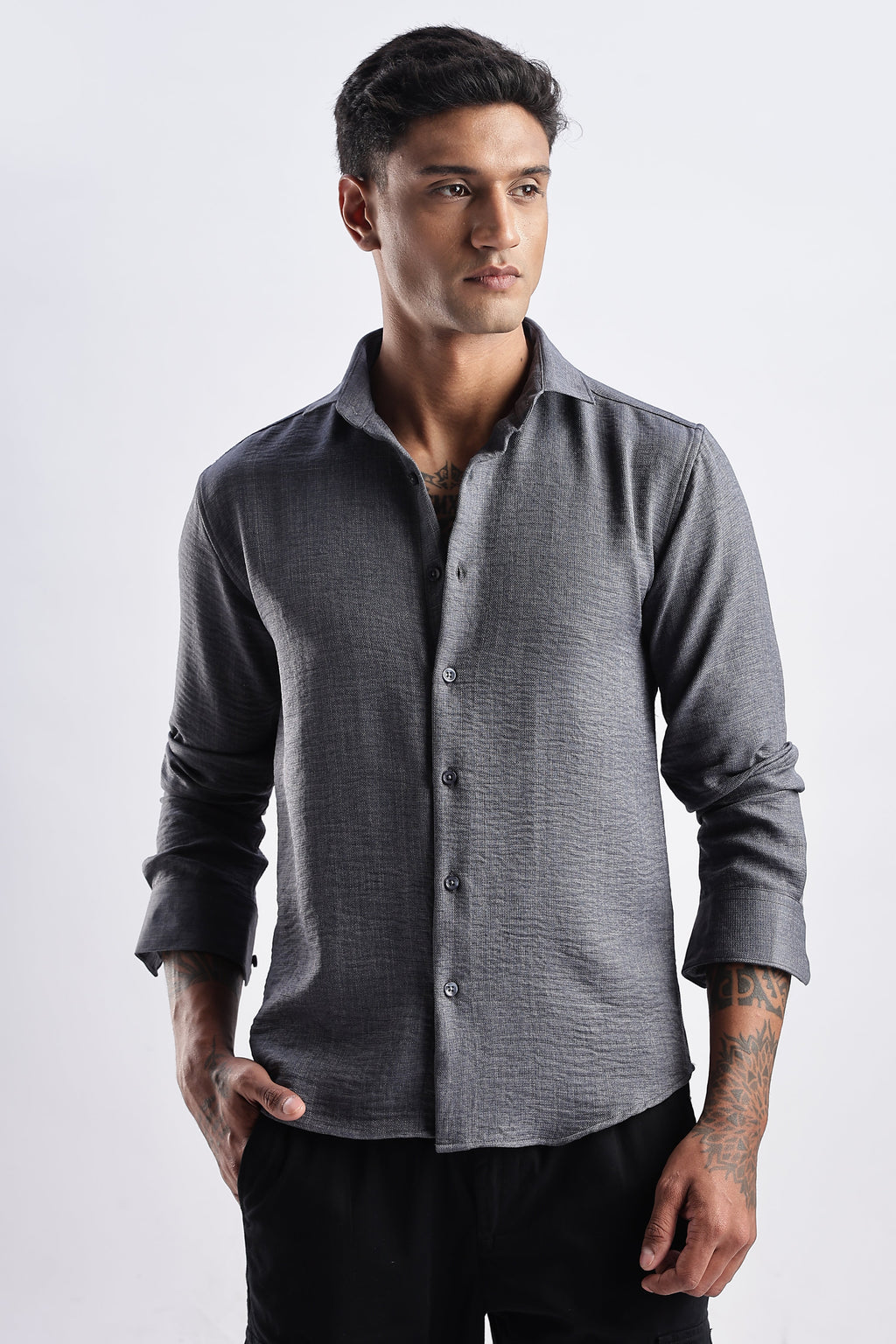 Men Milange Linen Look Shirts-Grey