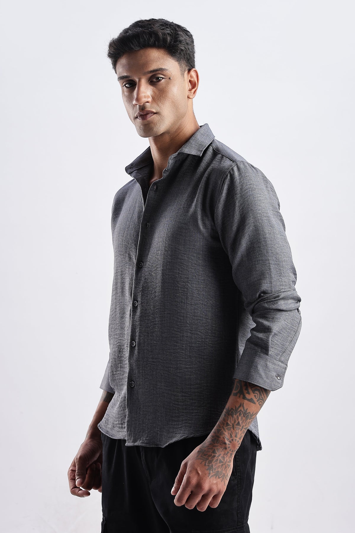 Men Milange Linen Look Shirts-Grey