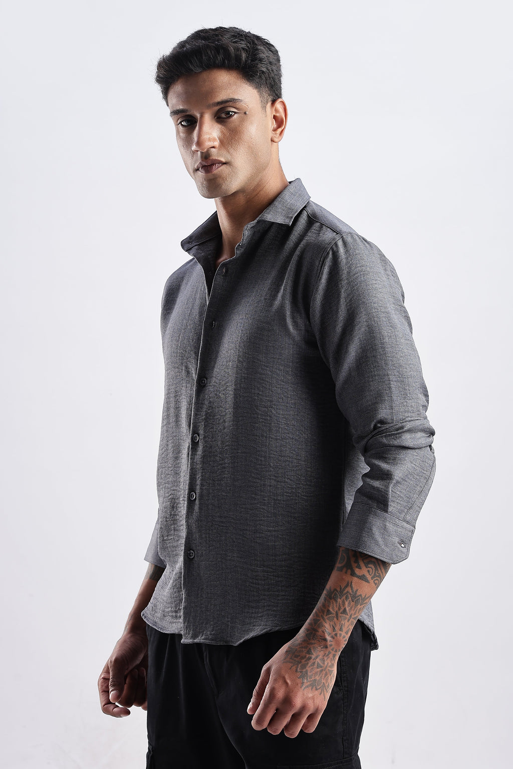 Men Milange Linen Look Shirts-Grey