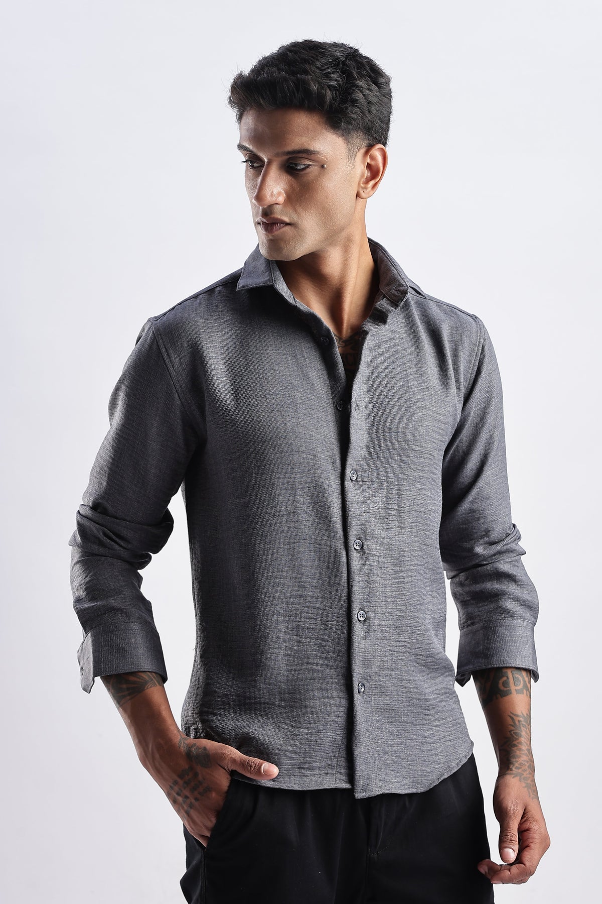 Men Milange Linen Look Shirts-Grey
