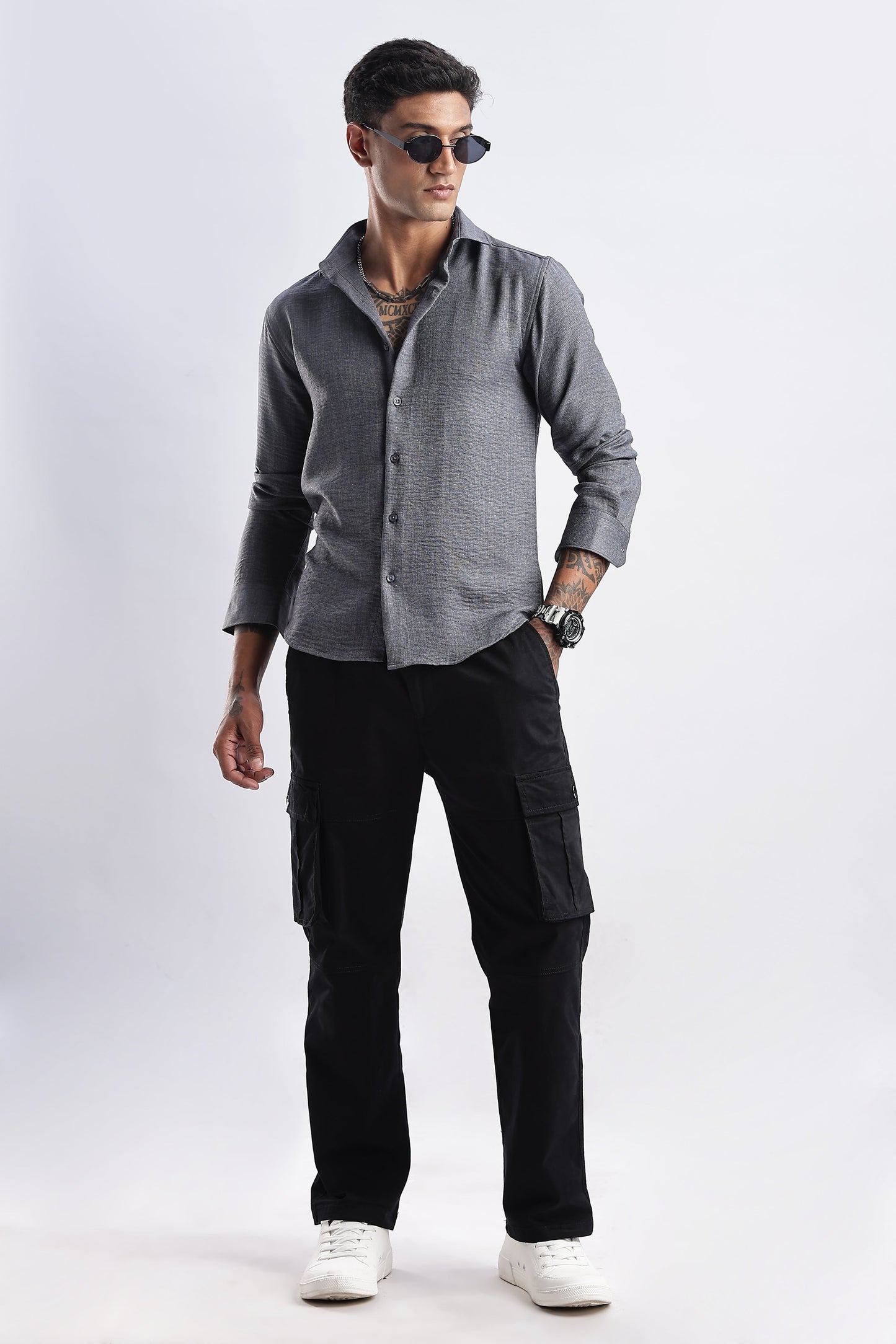 Men Milange Linen Look Shirts-Grey