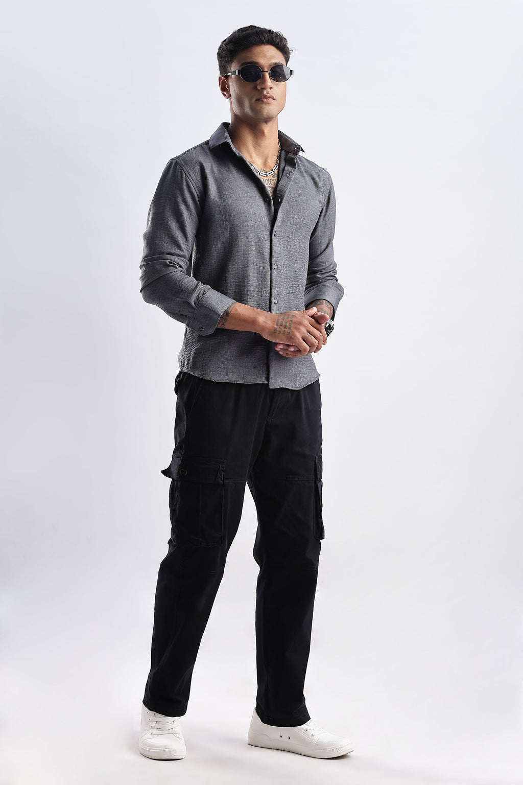 Men Milange Linen Look Shirts-Grey