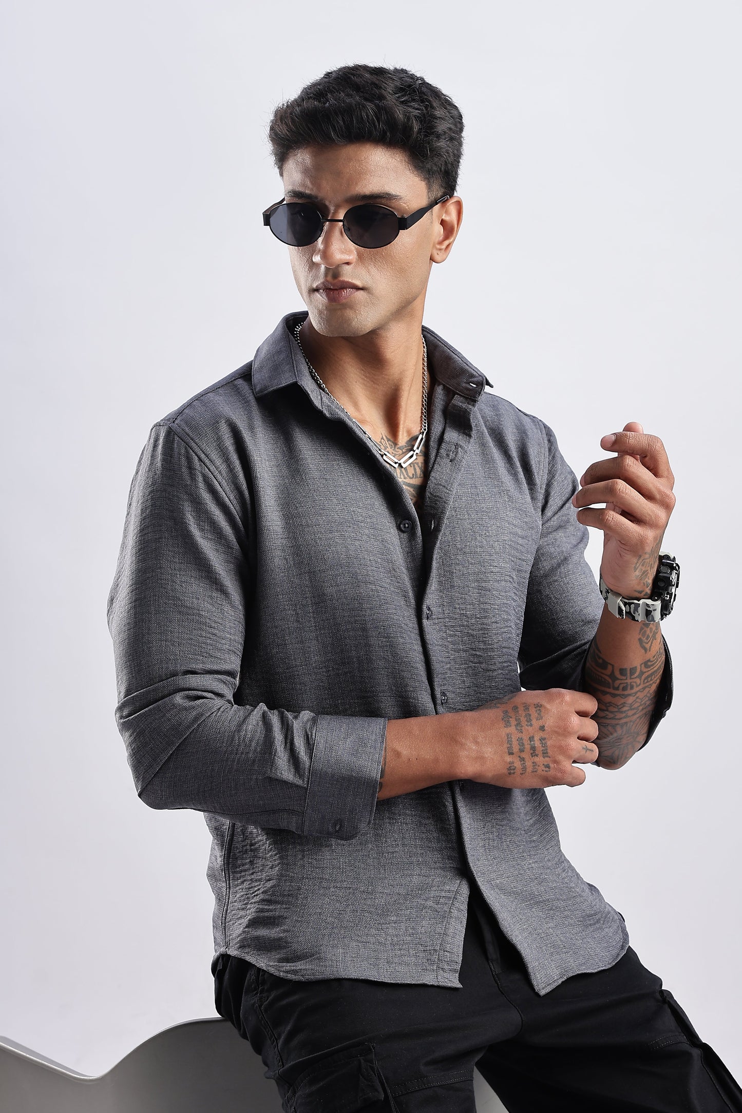 Men Milange Linen Look Shirts-Grey