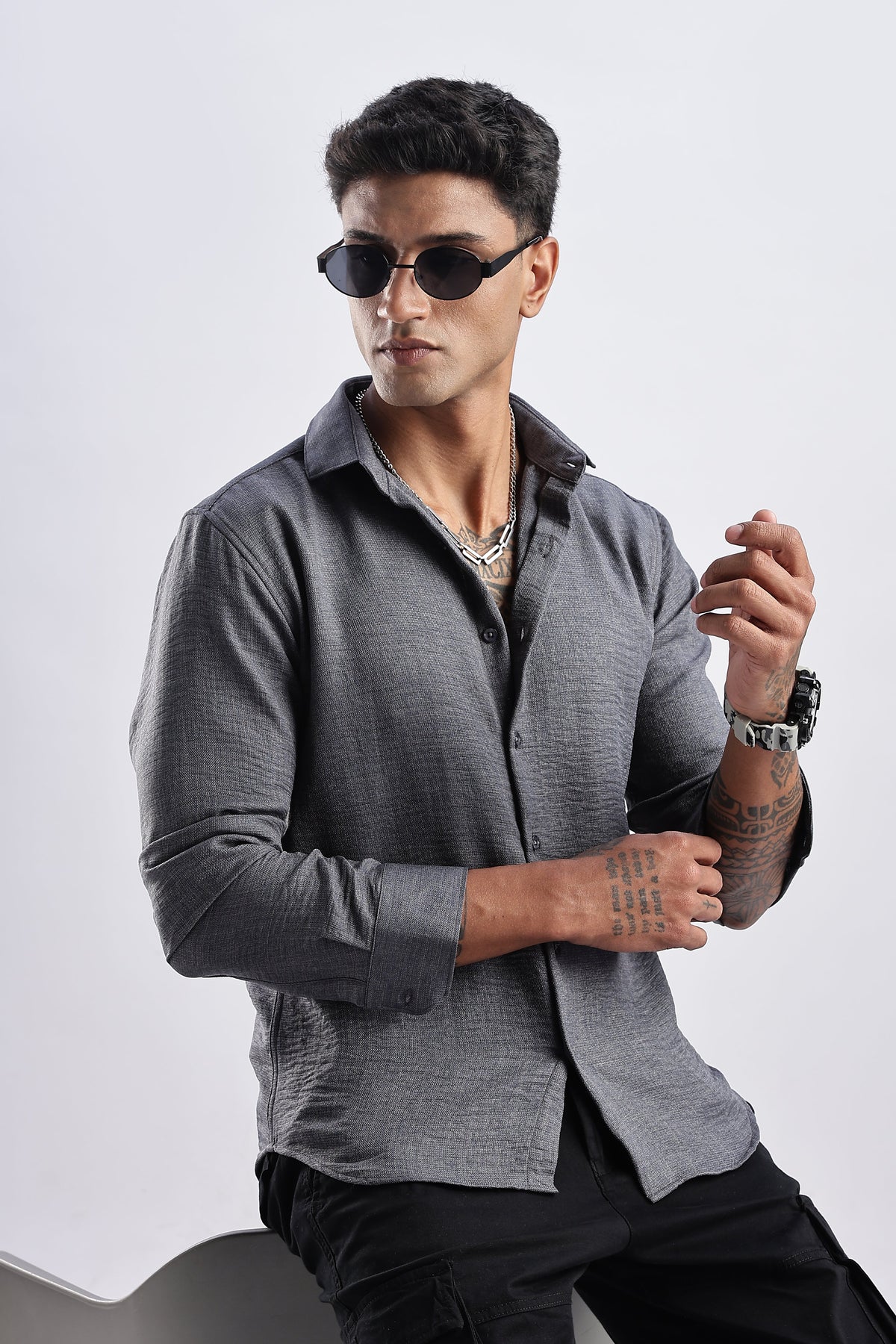 Men Milange Linen Look Shirts-Grey
