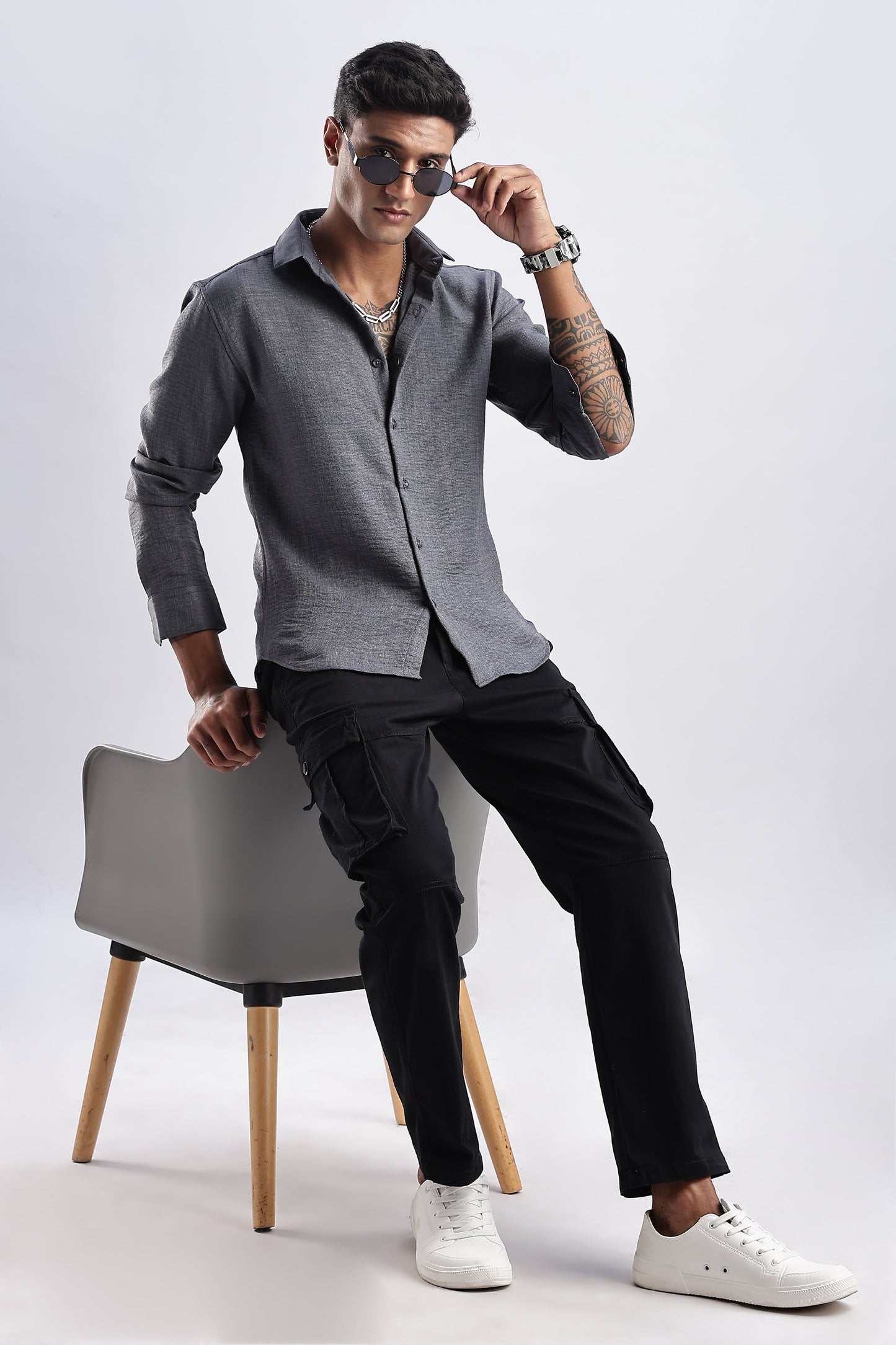 Men Milange Linen Look Shirts-Grey