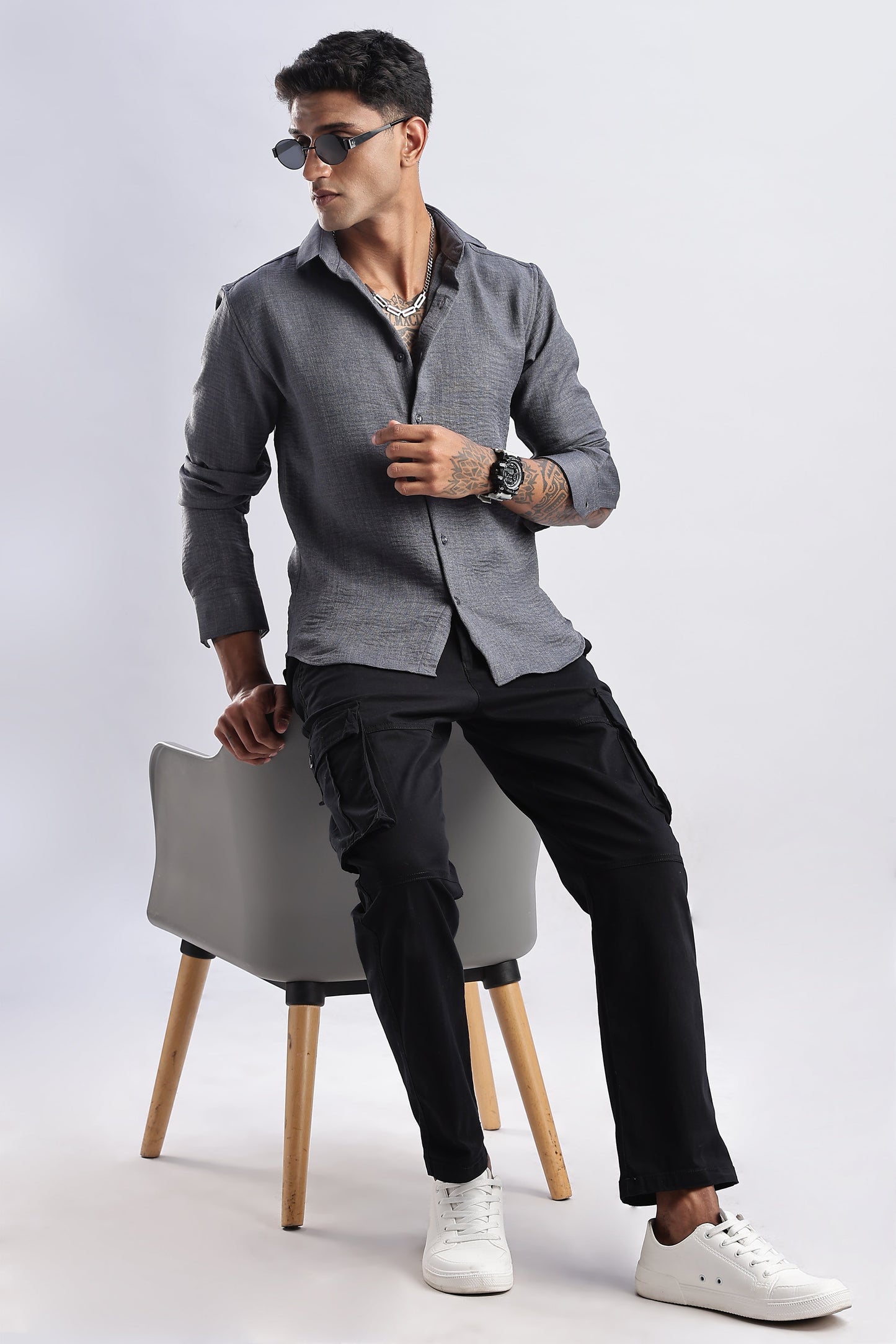 Men Milange Linen Look Shirts-Grey