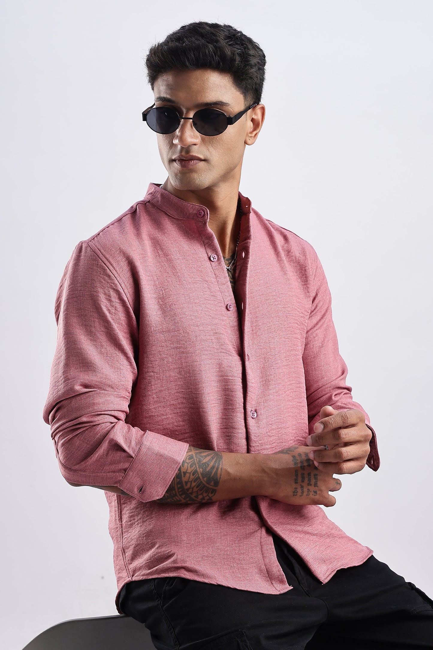 Men Milange Linen Look Shirts Mandarin Collar-Pink