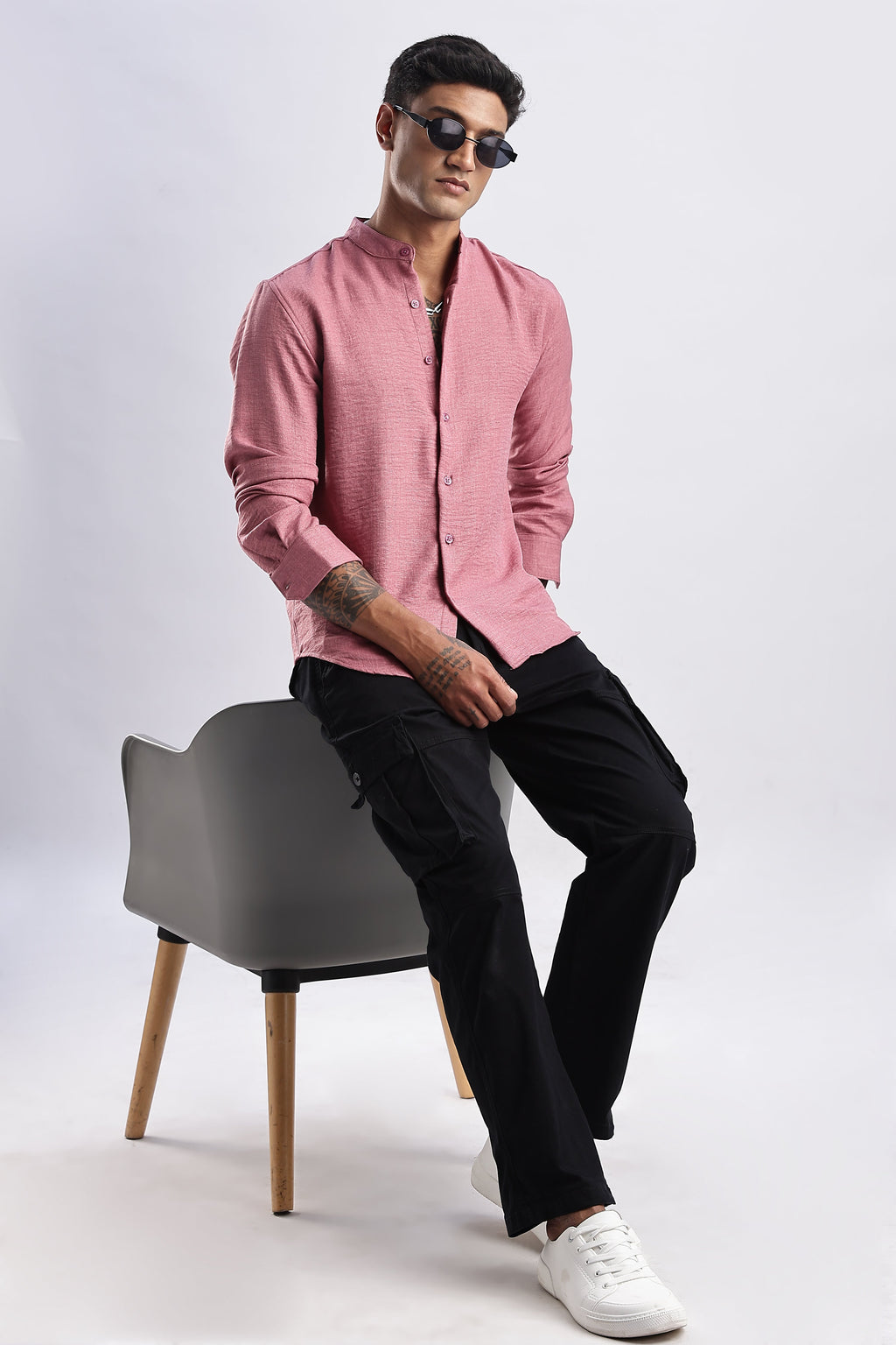 Men Milange Linen Look Shirts Mandarin Collar-Pink