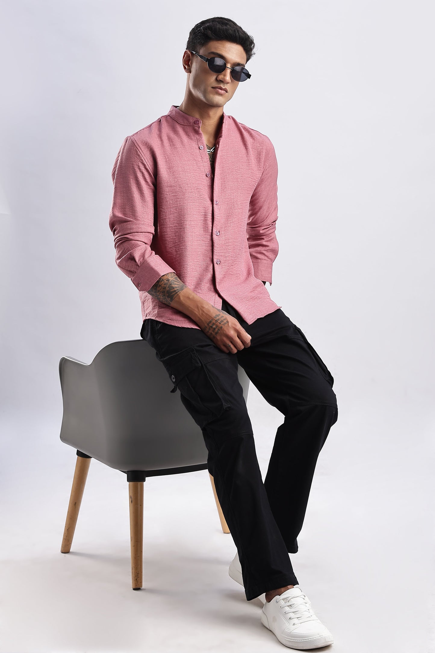 Men Milange Linen Look Shirts Mandarin Collar-Pink