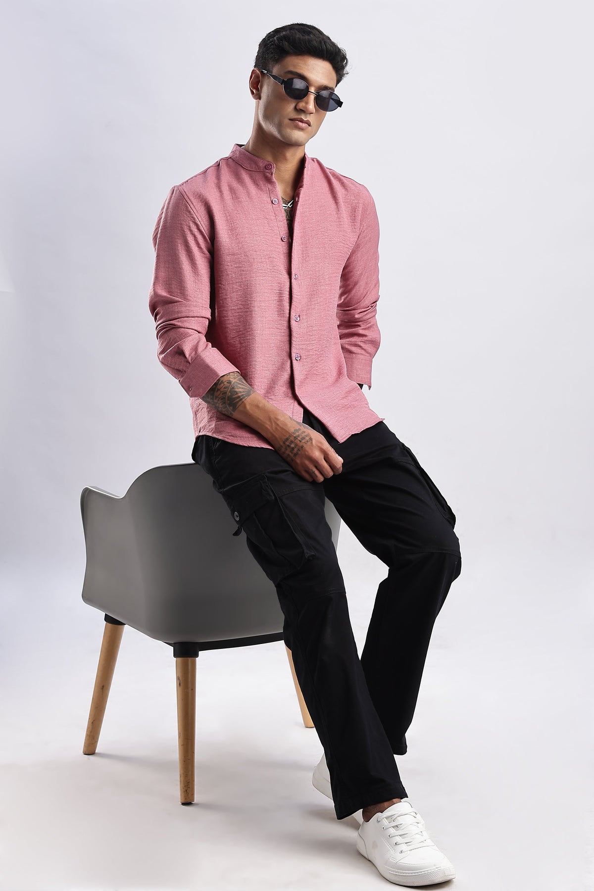 Men Milange Linen Look Shirts Mandarin Collar-Pink