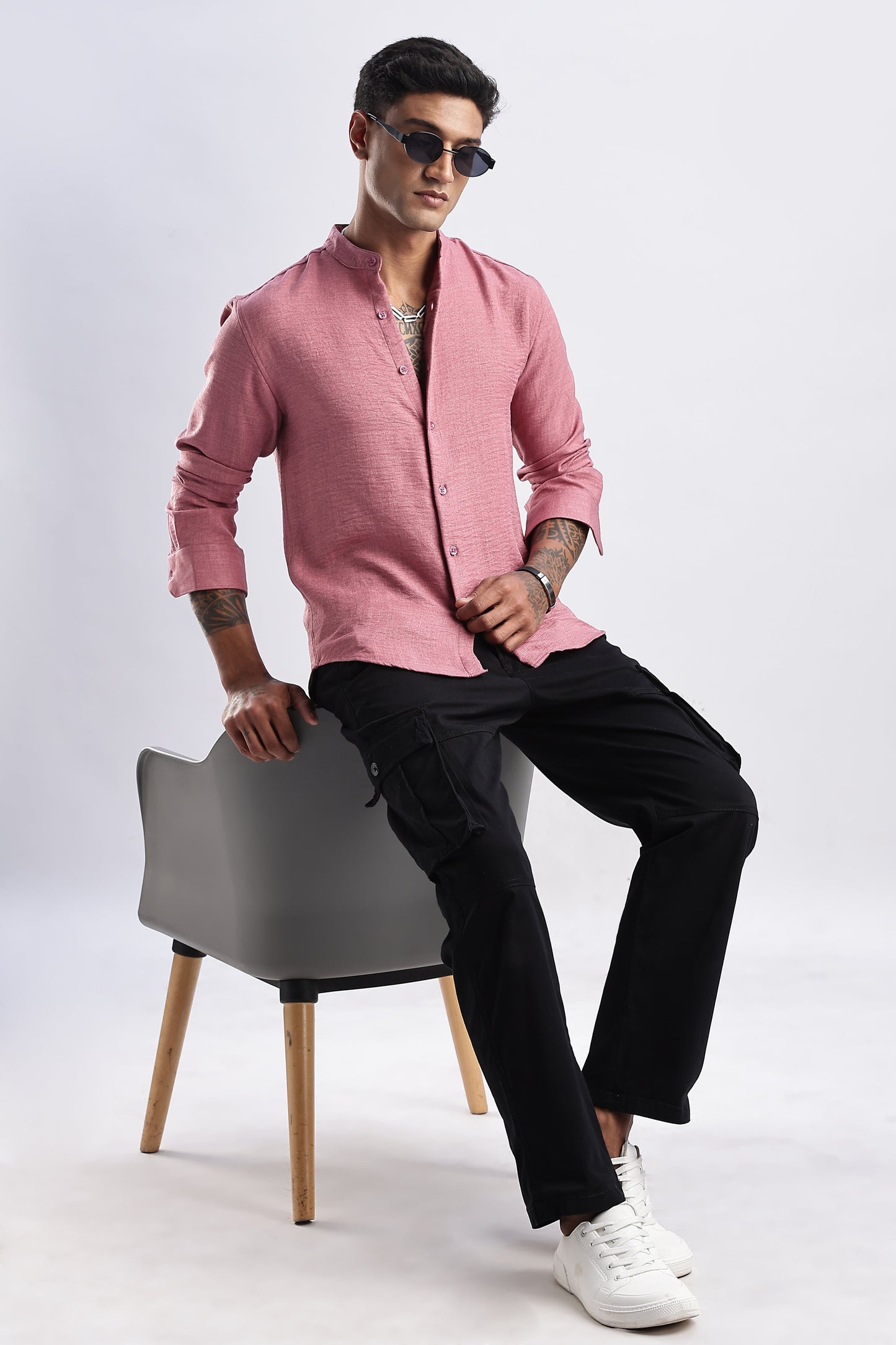 Men Milange Linen Look Shirts Mandarin Collar-Pink