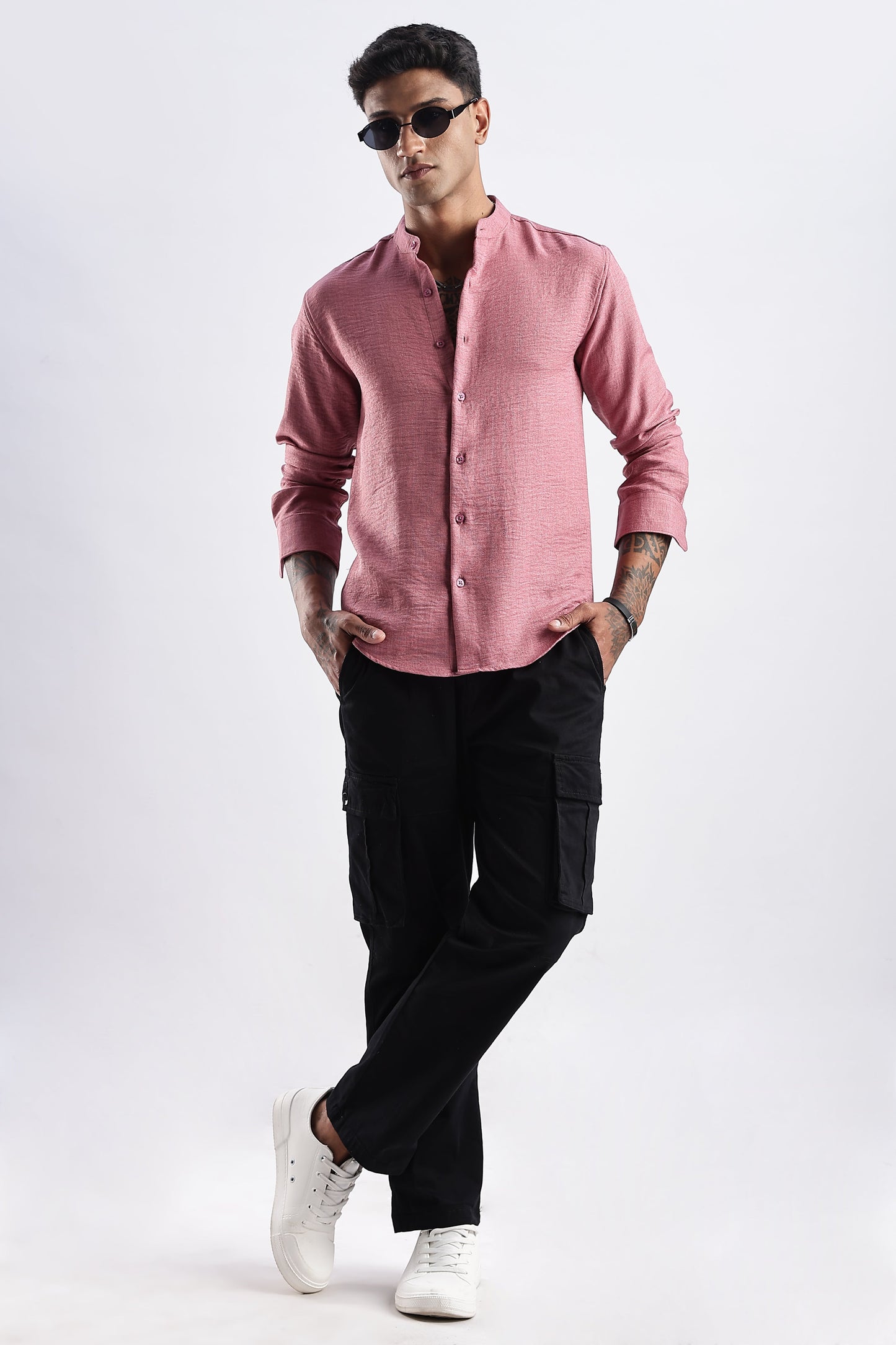 Men Milange Linen Look Shirts Mandarin Collar-Pink