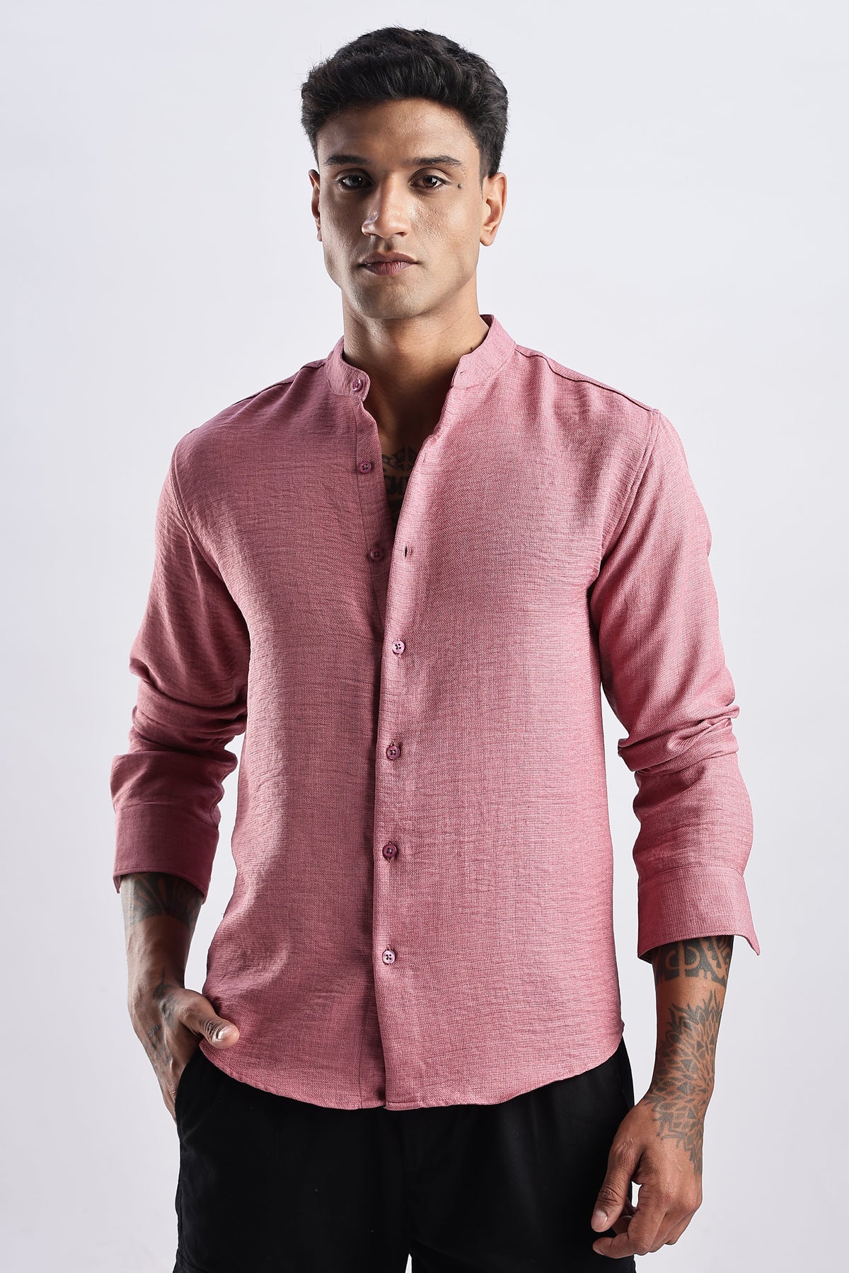 Men Milange Linen Look Shirts Mandarin Collar-Pink