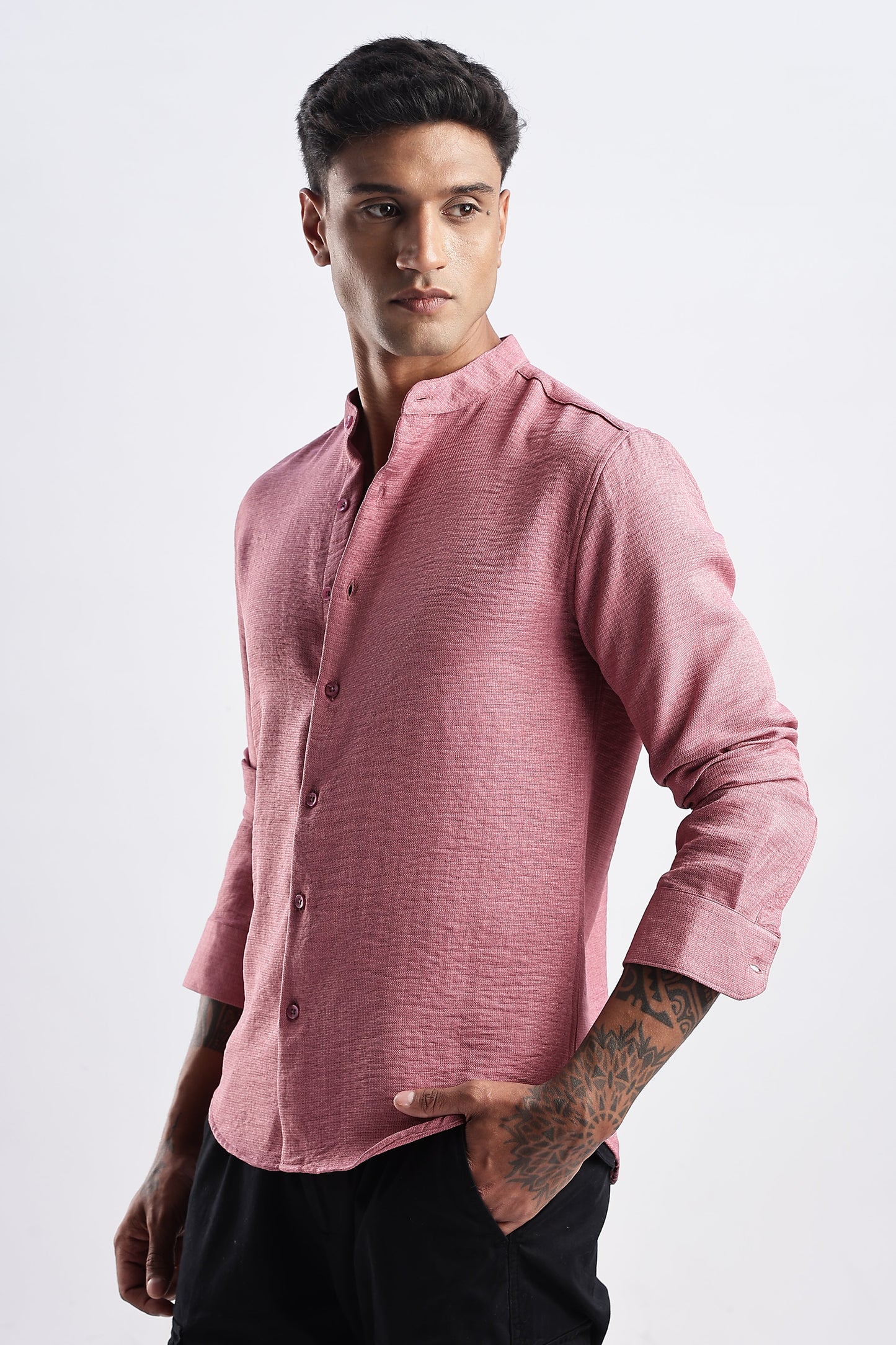 Men Milange Linen Look Shirts Mandarin Collar-Pink