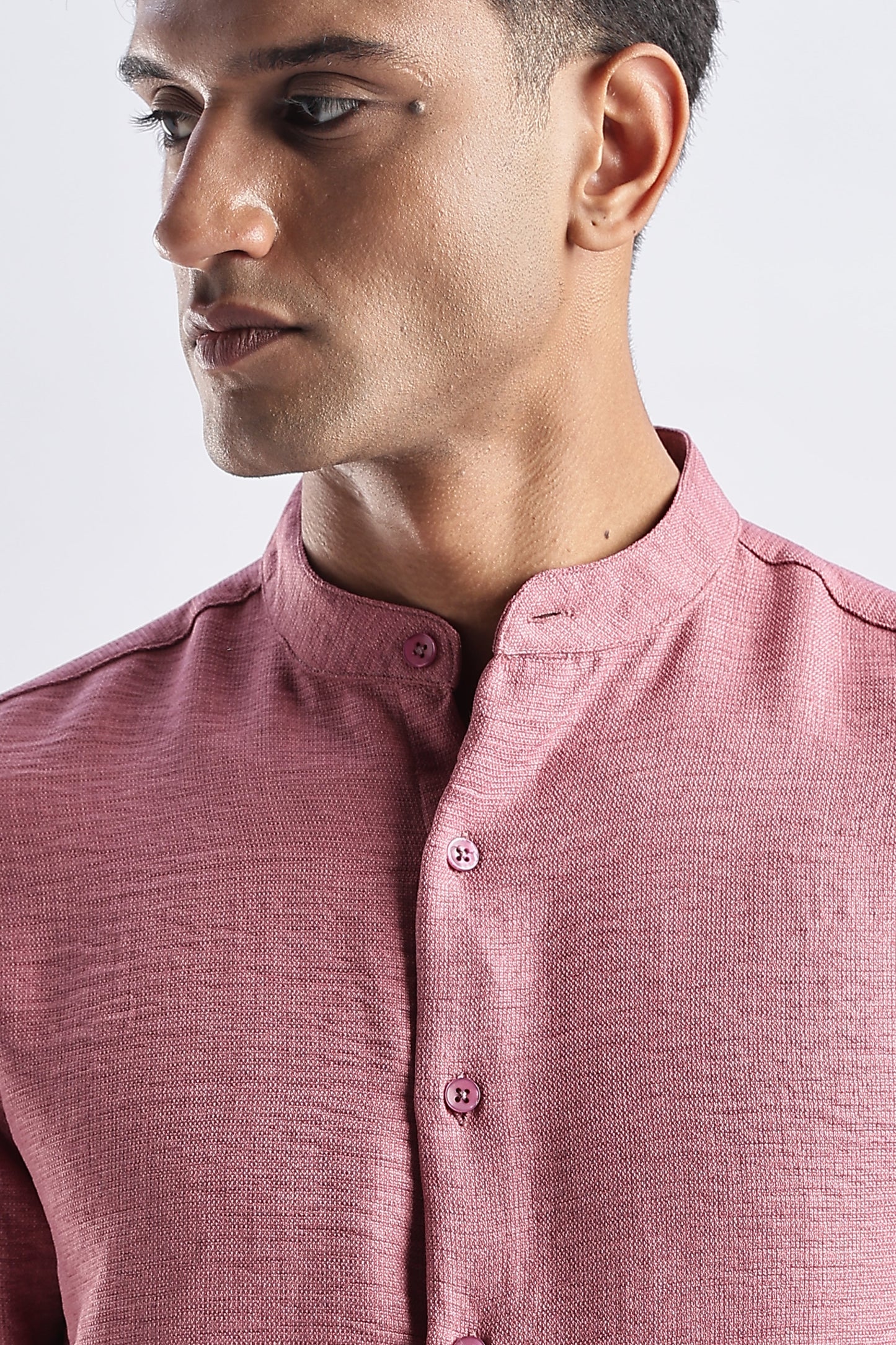 Men Milange Linen Look Shirts Mandarin Collar-Pink