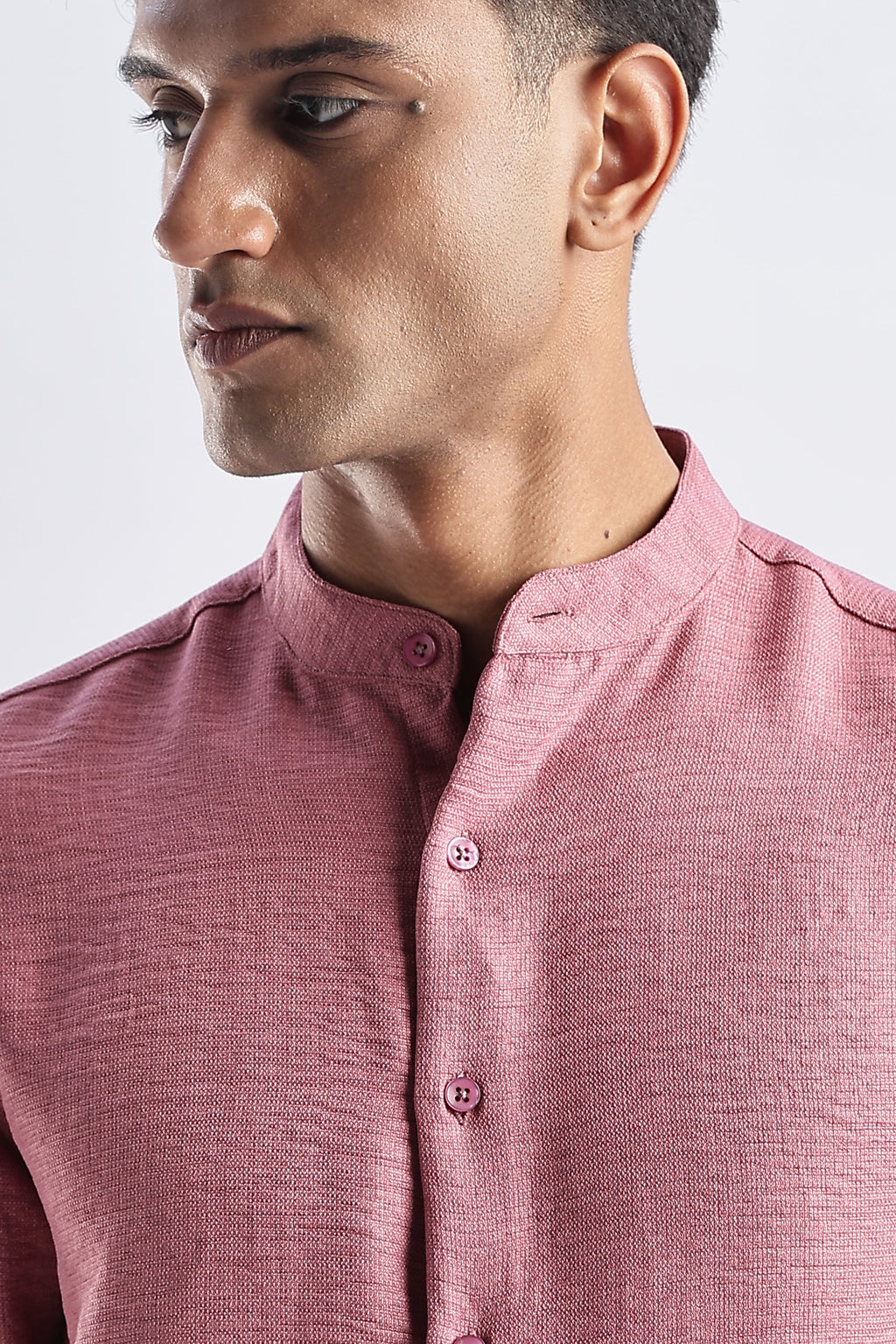 Men Milange Linen Look Shirts Mandarin Collar-Pink