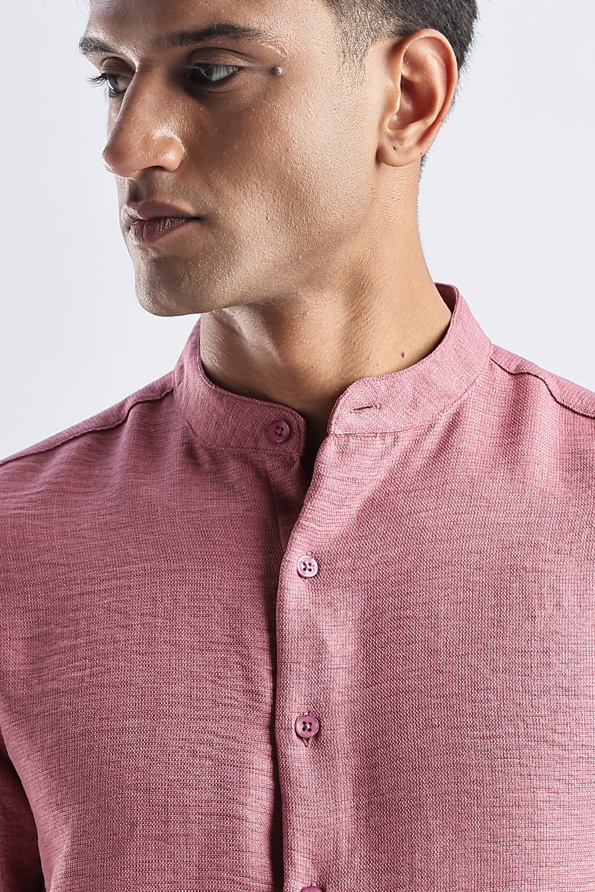 Men Milange Linen Look Shirts Mandarin Collar-Pink