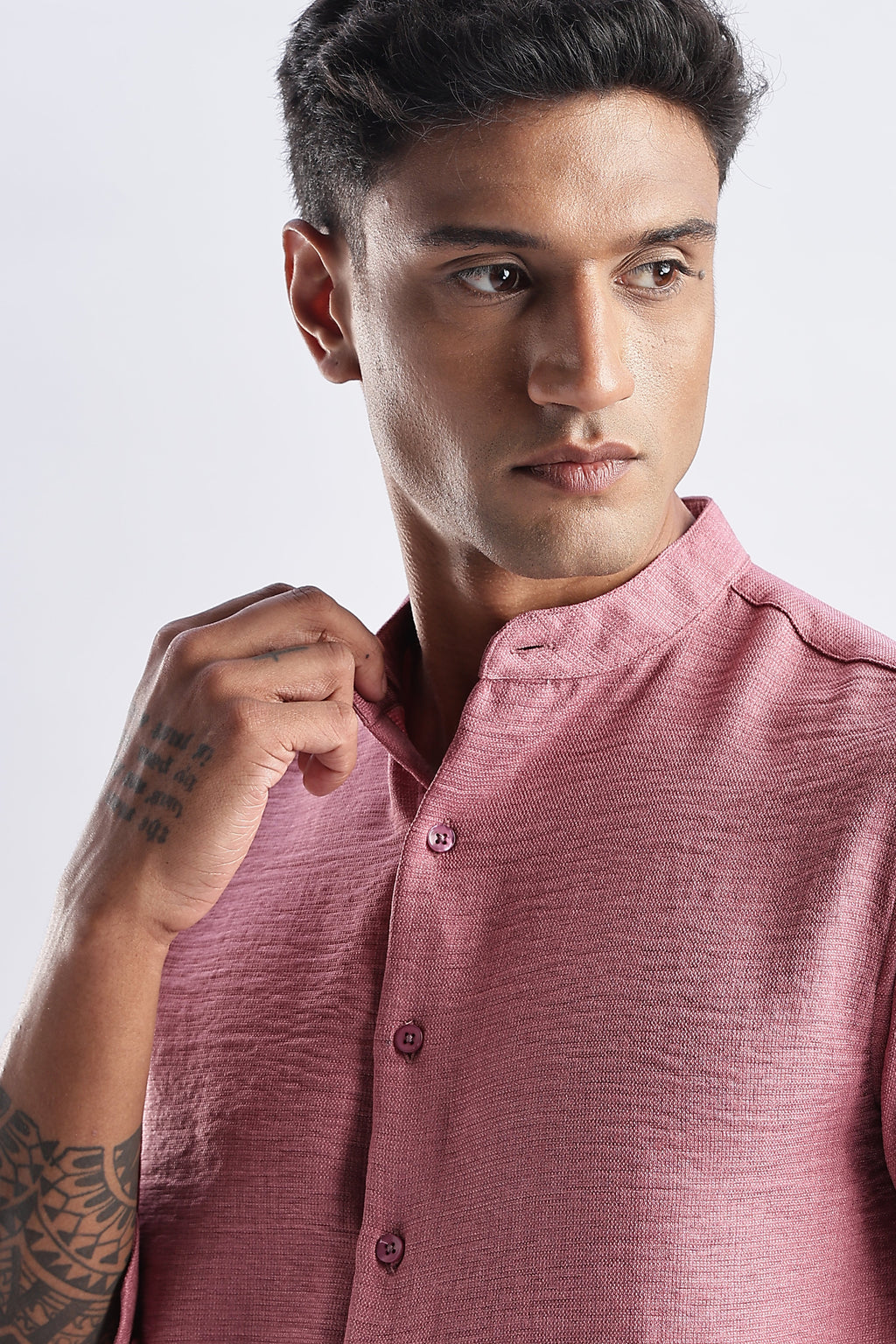 Men Milange Linen Look Shirts Mandarin Collar-Pink