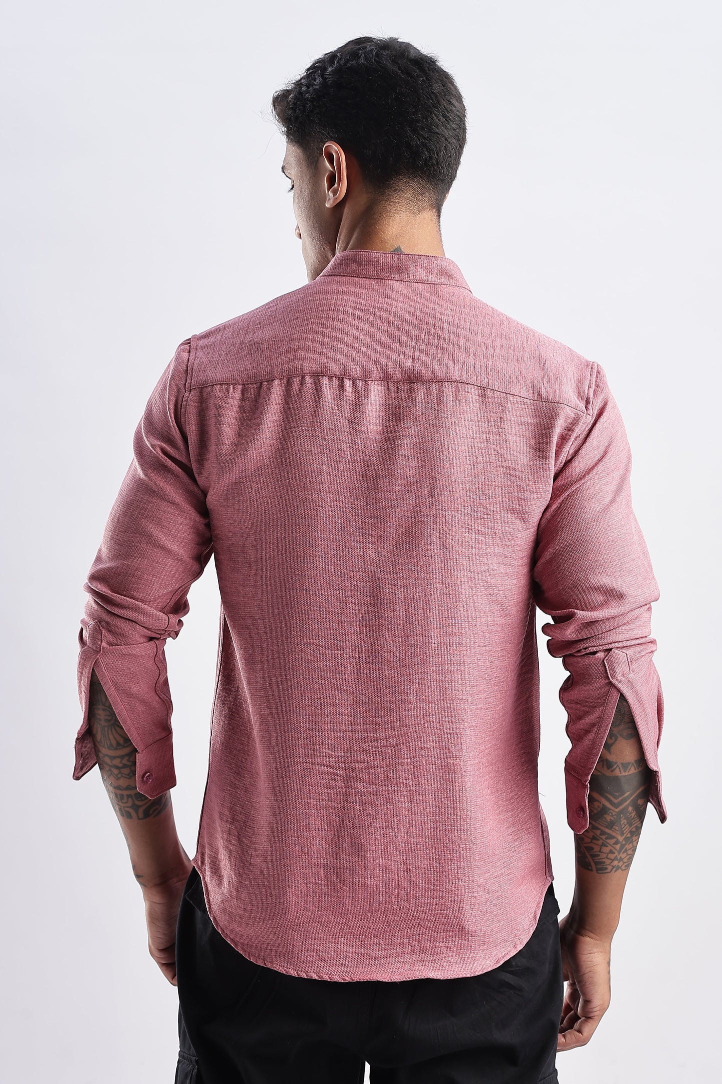 Men Milange Linen Look Shirts Mandarin Collar-Pink
