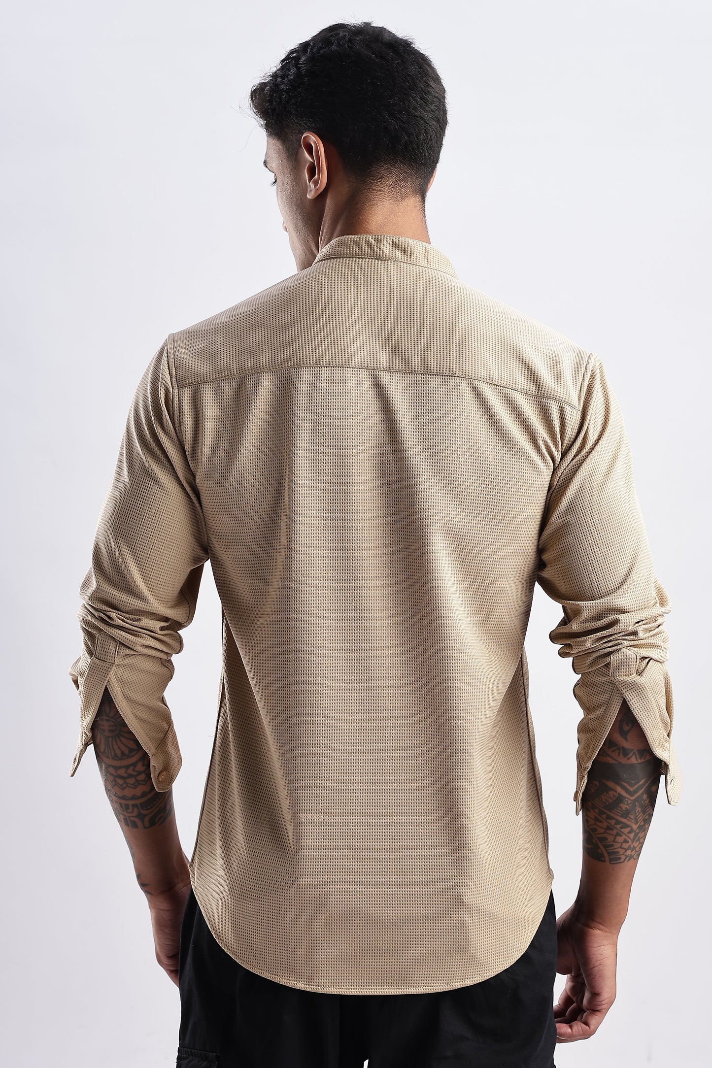 Men Waffle Dobby Shirts Mandarin Collar-Beige