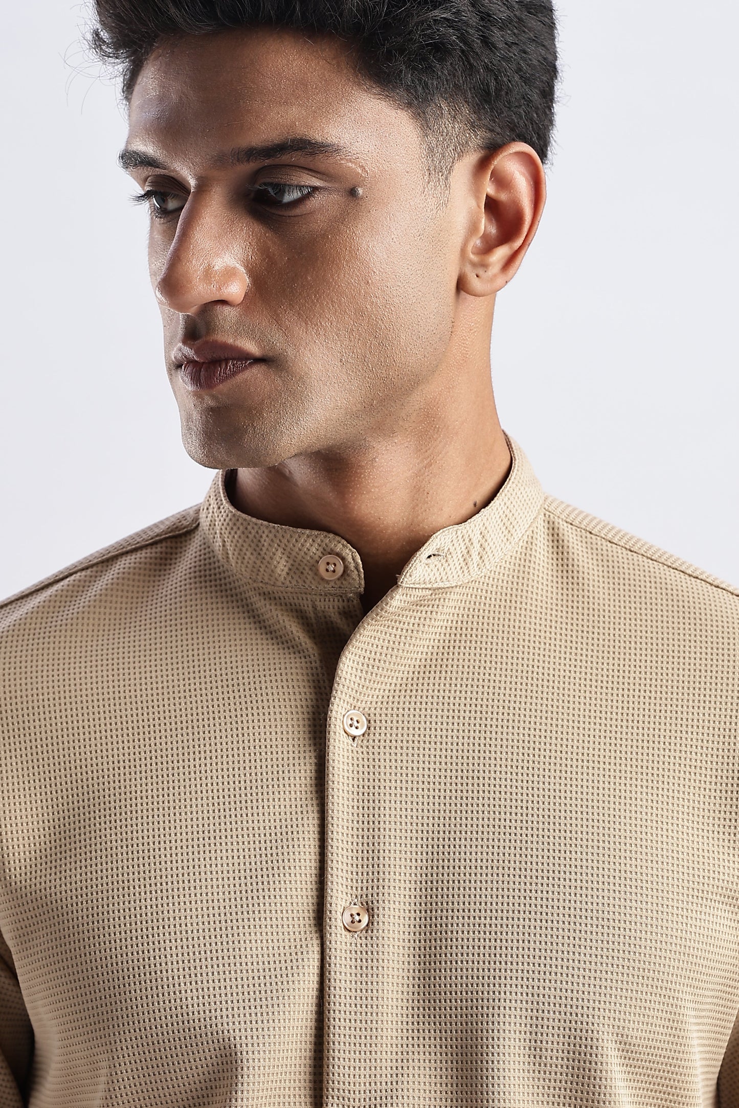 Men Waffle Dobby Shirts Mandarin Collar-Beige