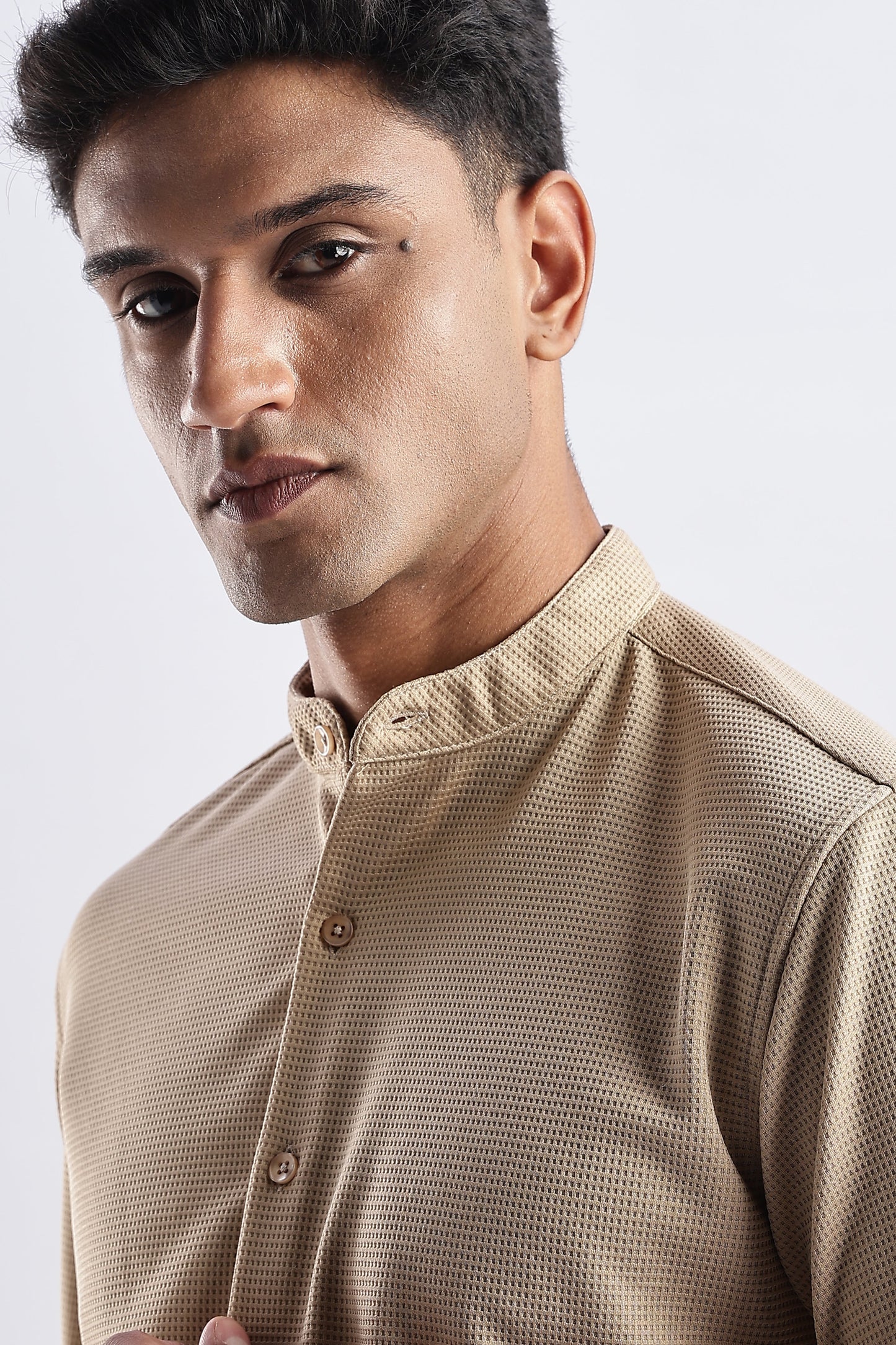 Men Waffle Dobby Shirts Mandarin Collar-Beige