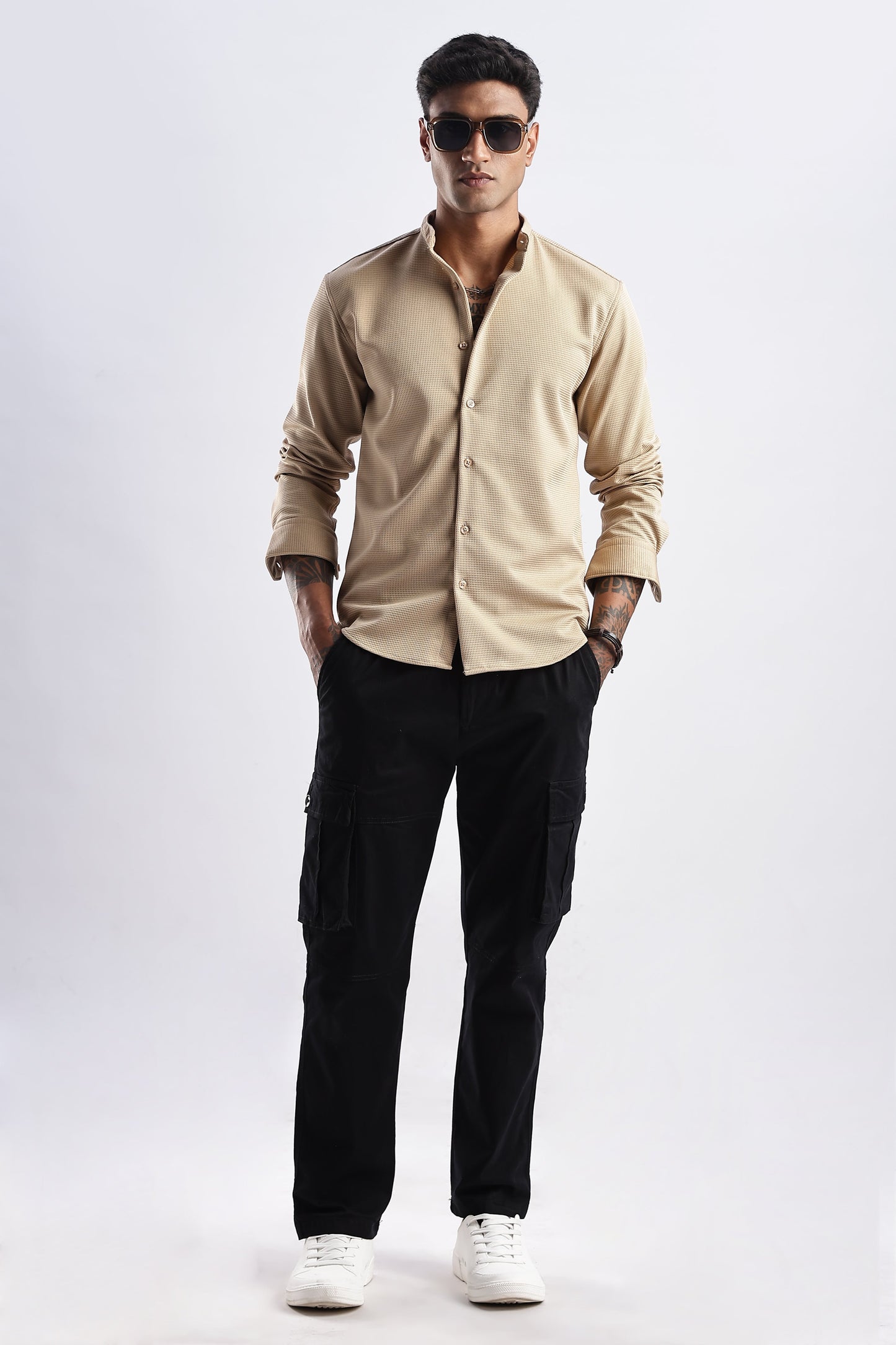 Men Waffle Dobby Shirts Mandarin Collar-Beige