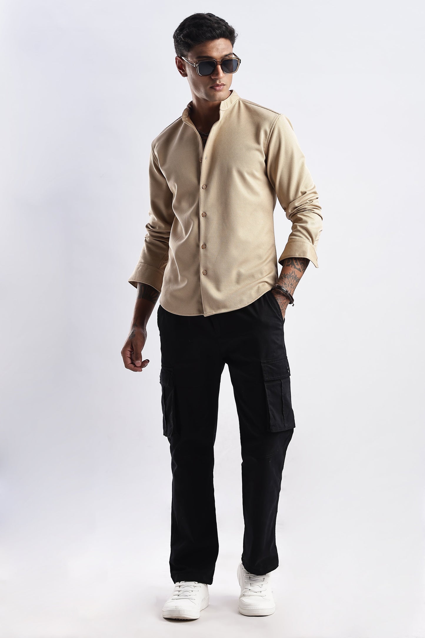 Men Waffle Dobby Shirts Mandarin Collar-Beige