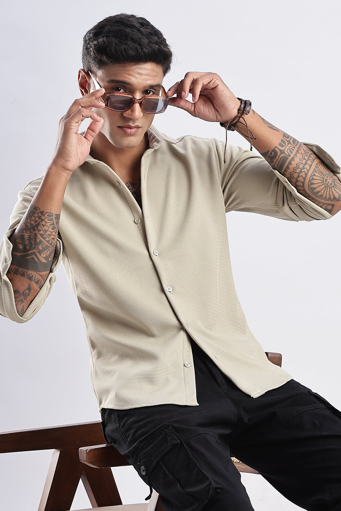 Men Waffle Dobby Shirts-Fern