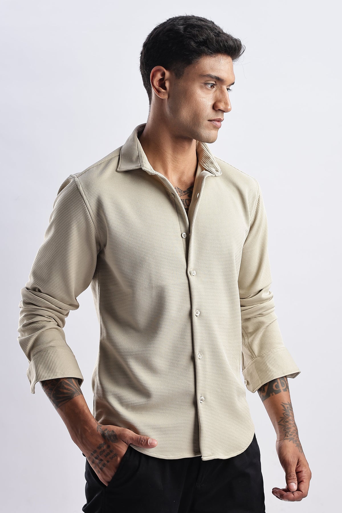 Men Waffle Dobby Shirts-Fern