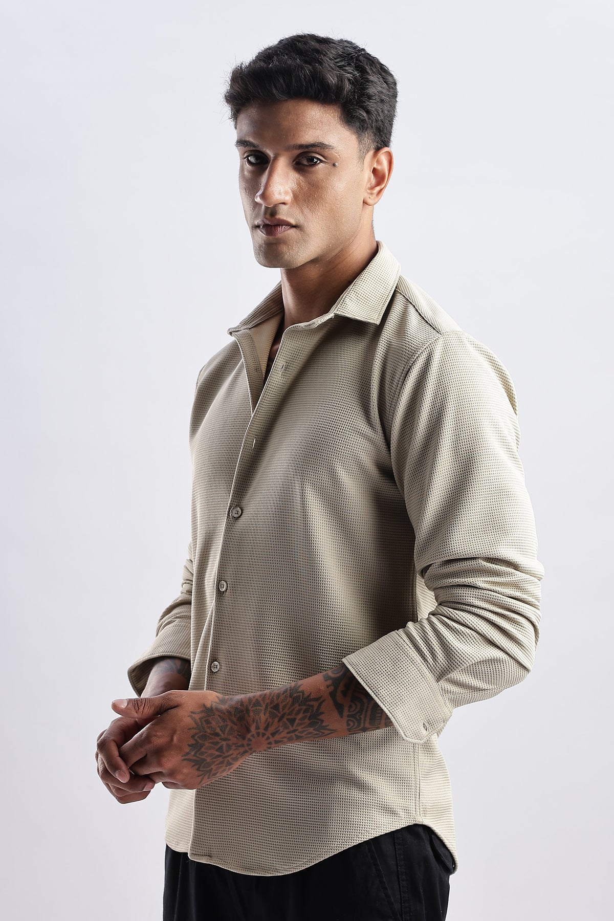 Men Waffle Dobby Shirts-Fern