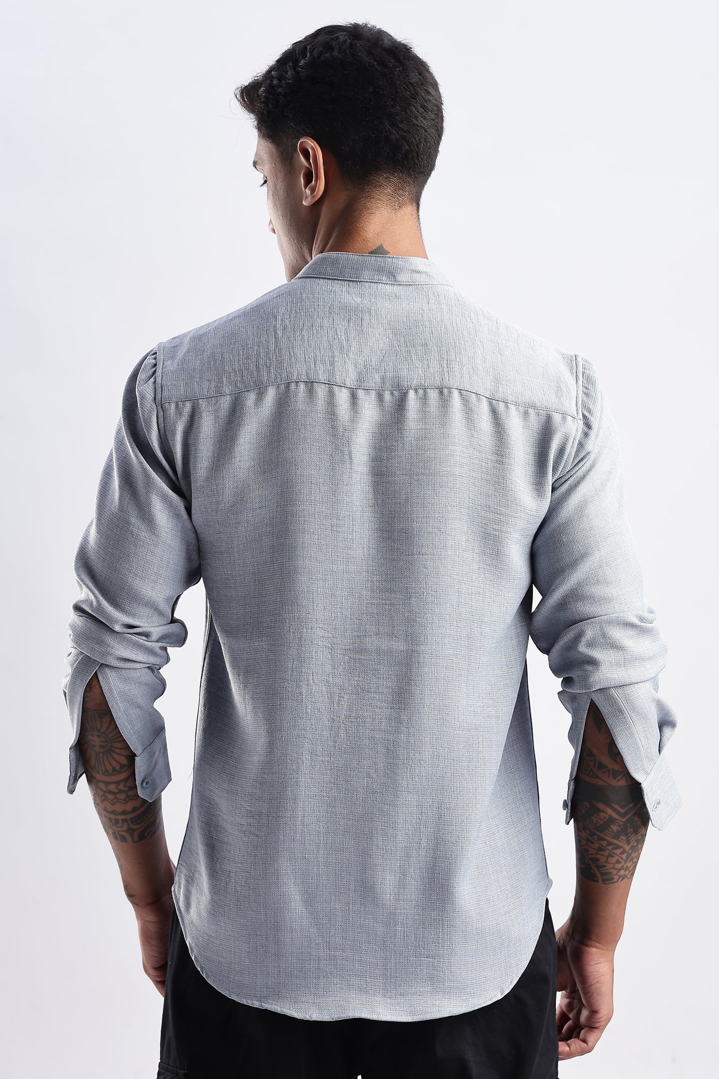 Men Milange Linen Look Shirts Mandarin Collar-Lt Grey