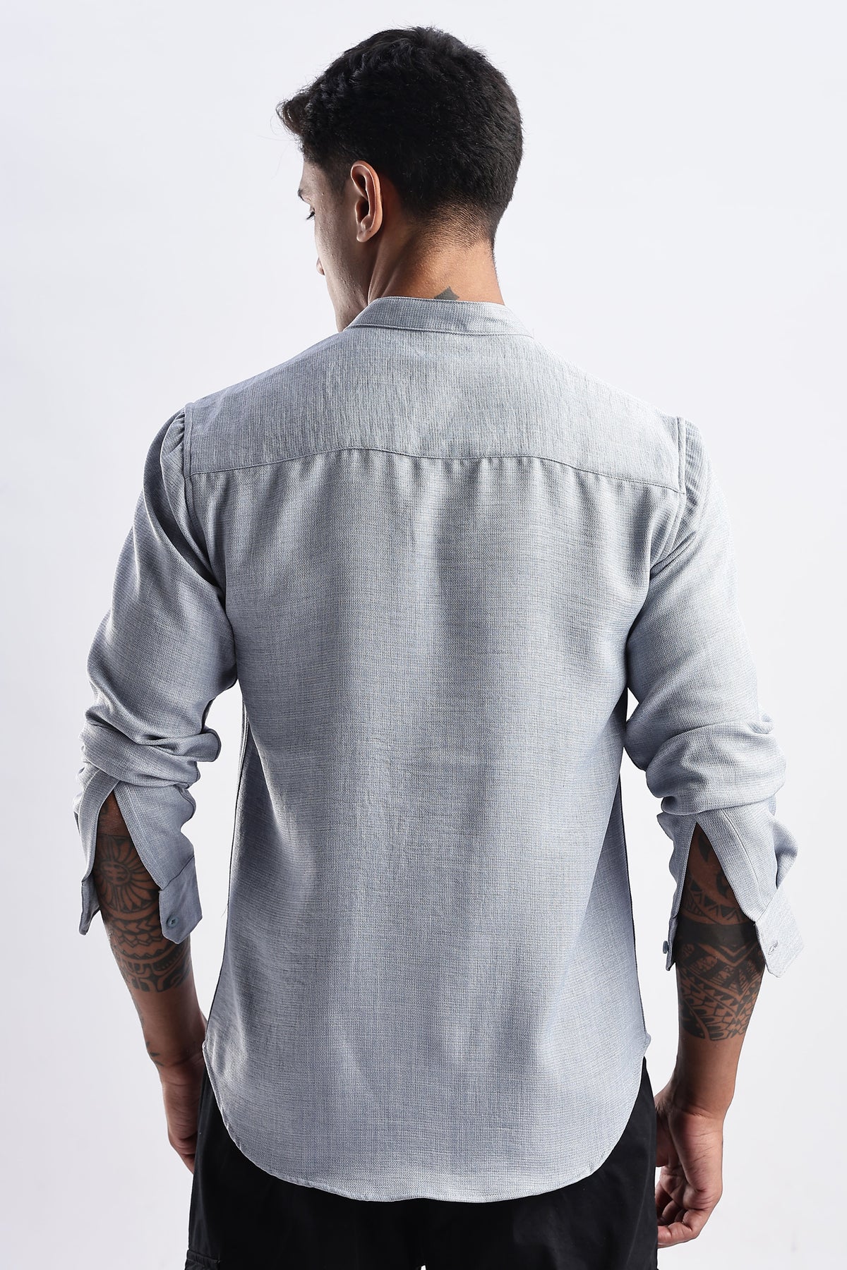 Men Milange Linen Look Shirts Mandarin Collar-Lt Grey
