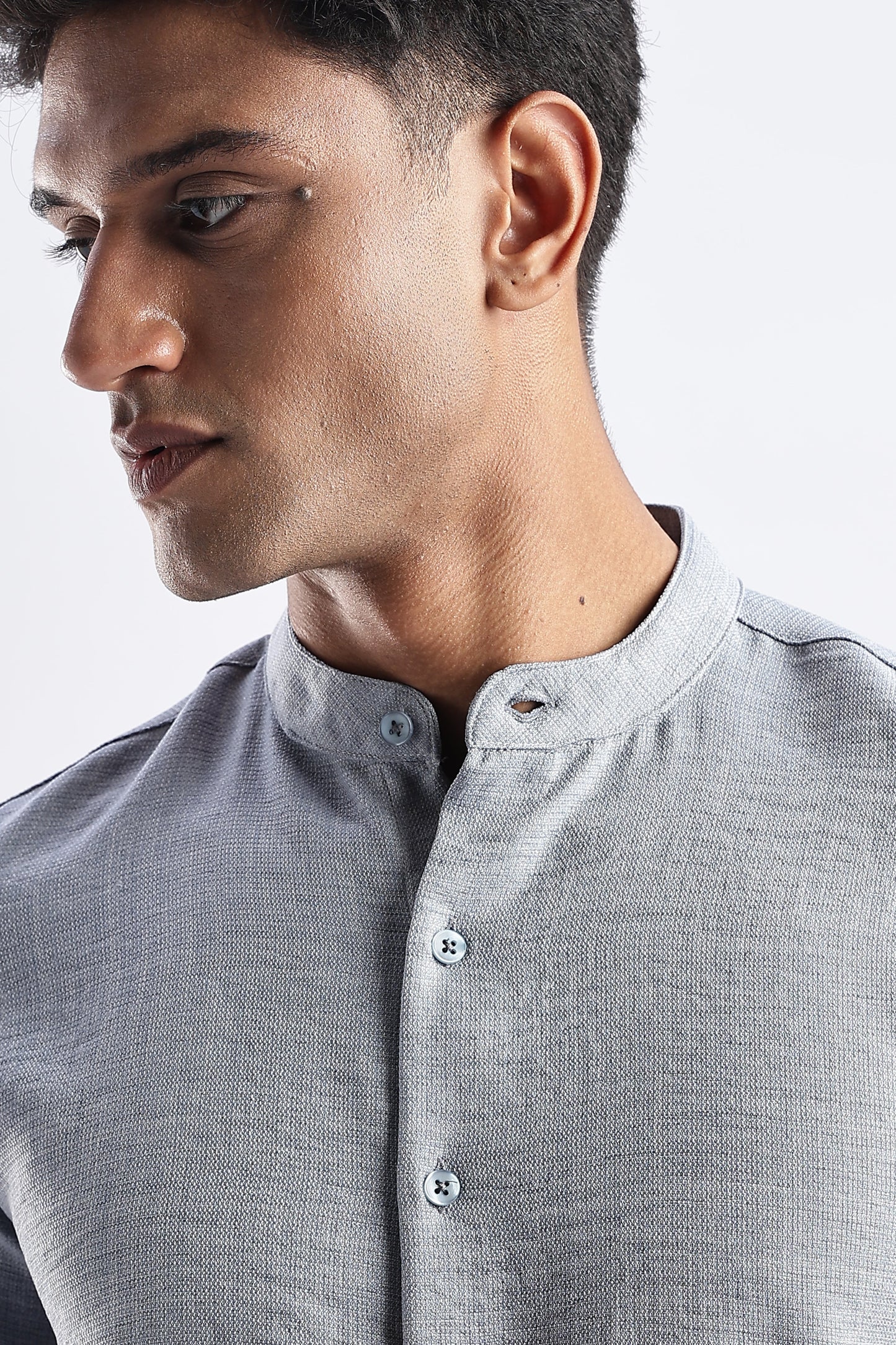 Men Milange Linen Look Shirts Mandarin Collar-Lt Grey