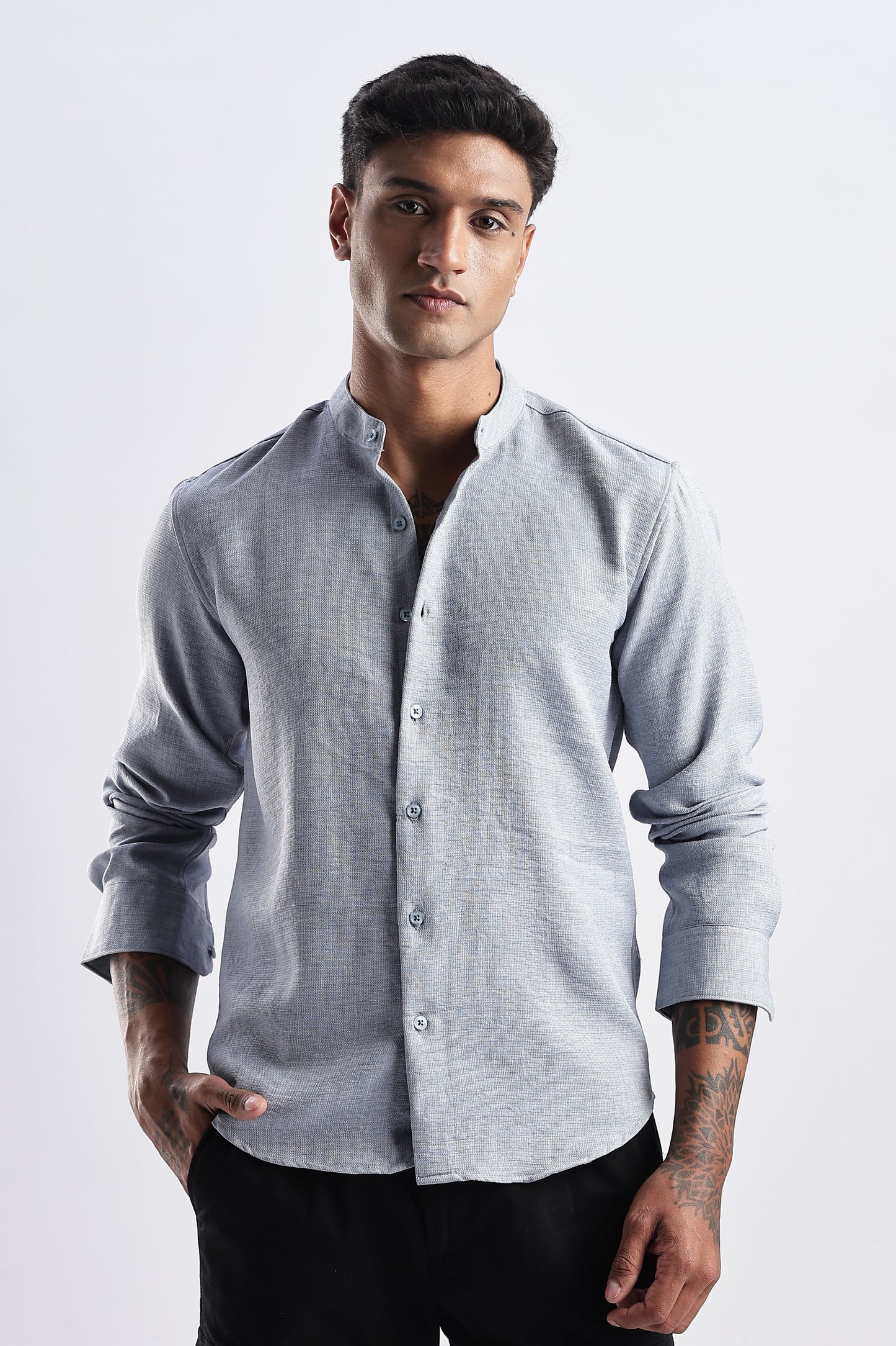 Men Milange Linen Look Shirts Mandarin Collar-Lt Grey