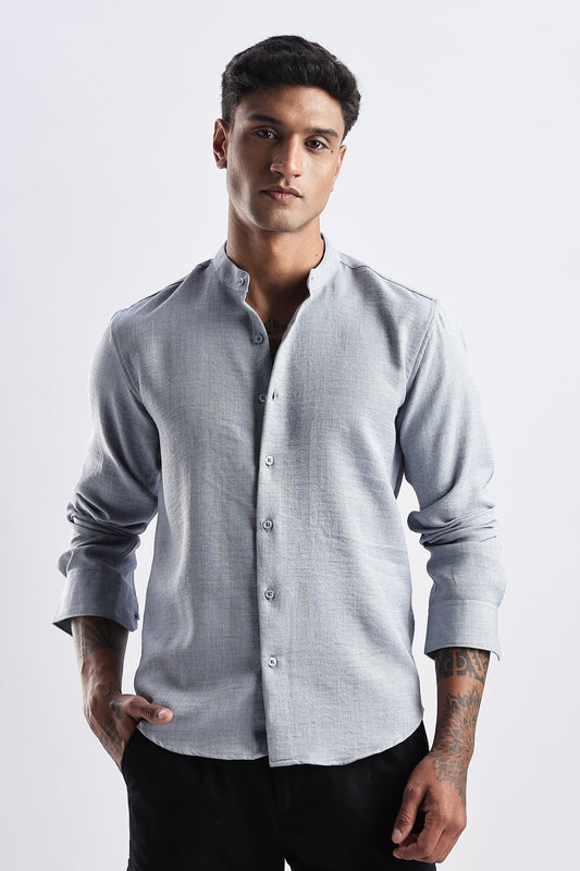 Men Milange Linen Look Shirts Mandarin Collar-Lt Grey