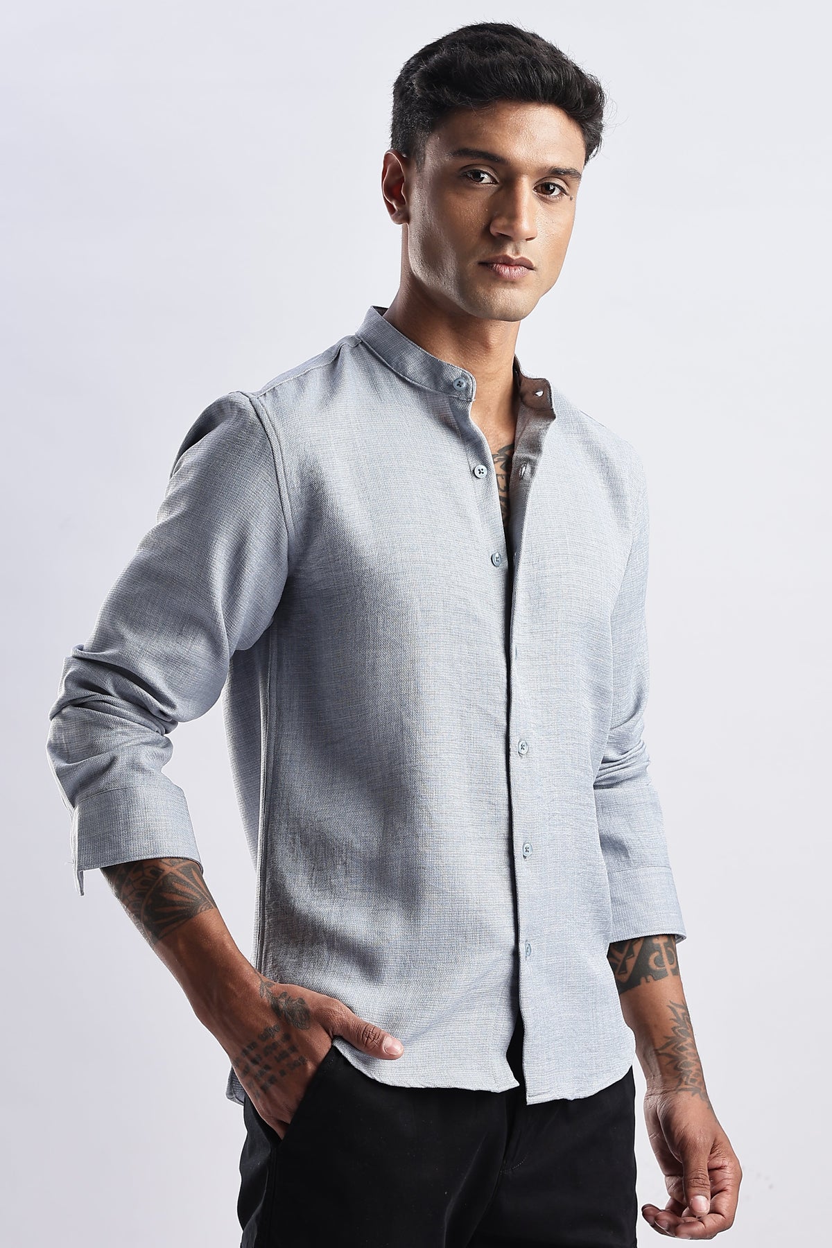 Men Milange Linen Look Shirts Mandarin Collar-Lt Grey