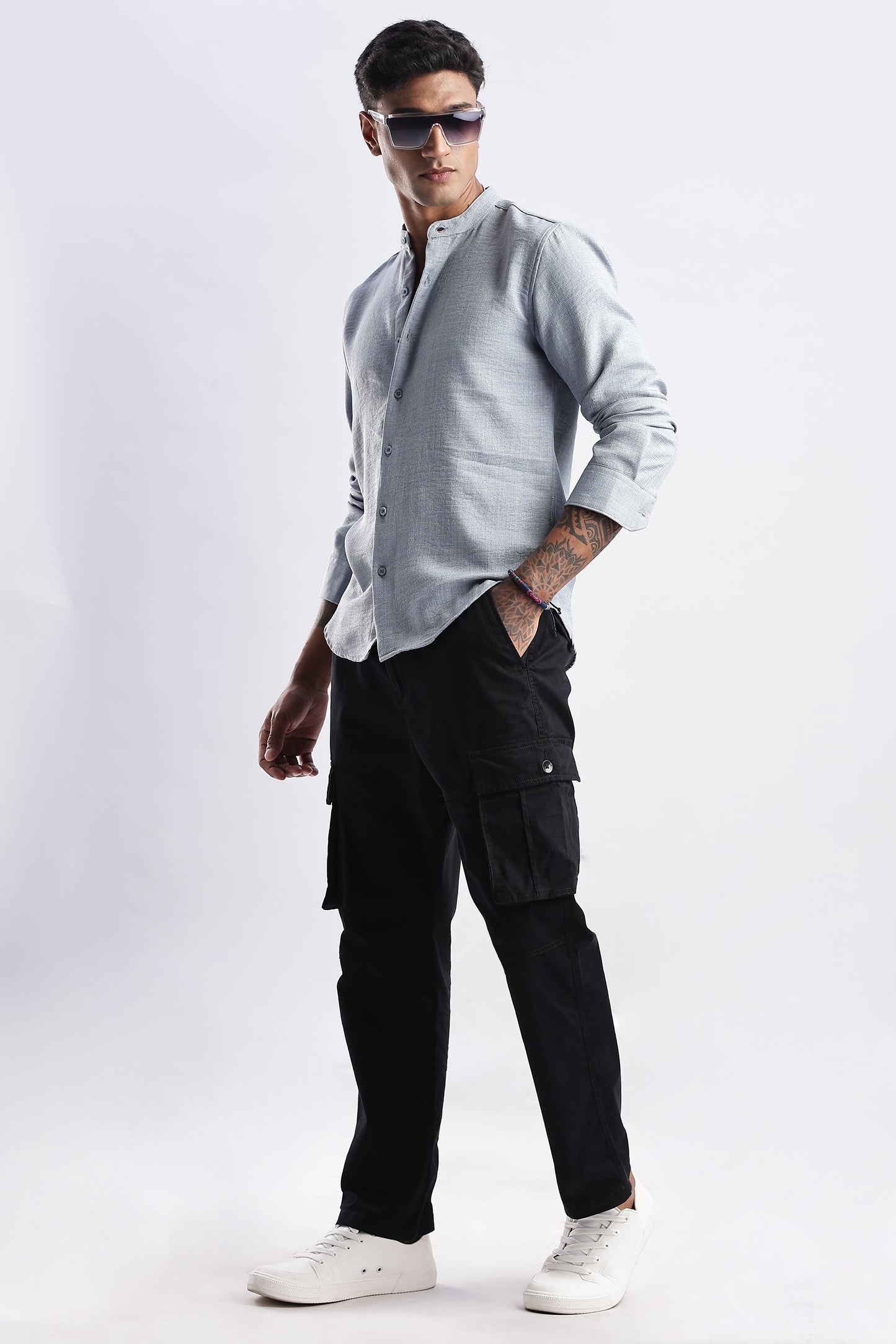 Men Milange Linen Look Shirts Mandarin Collar-Lt Grey