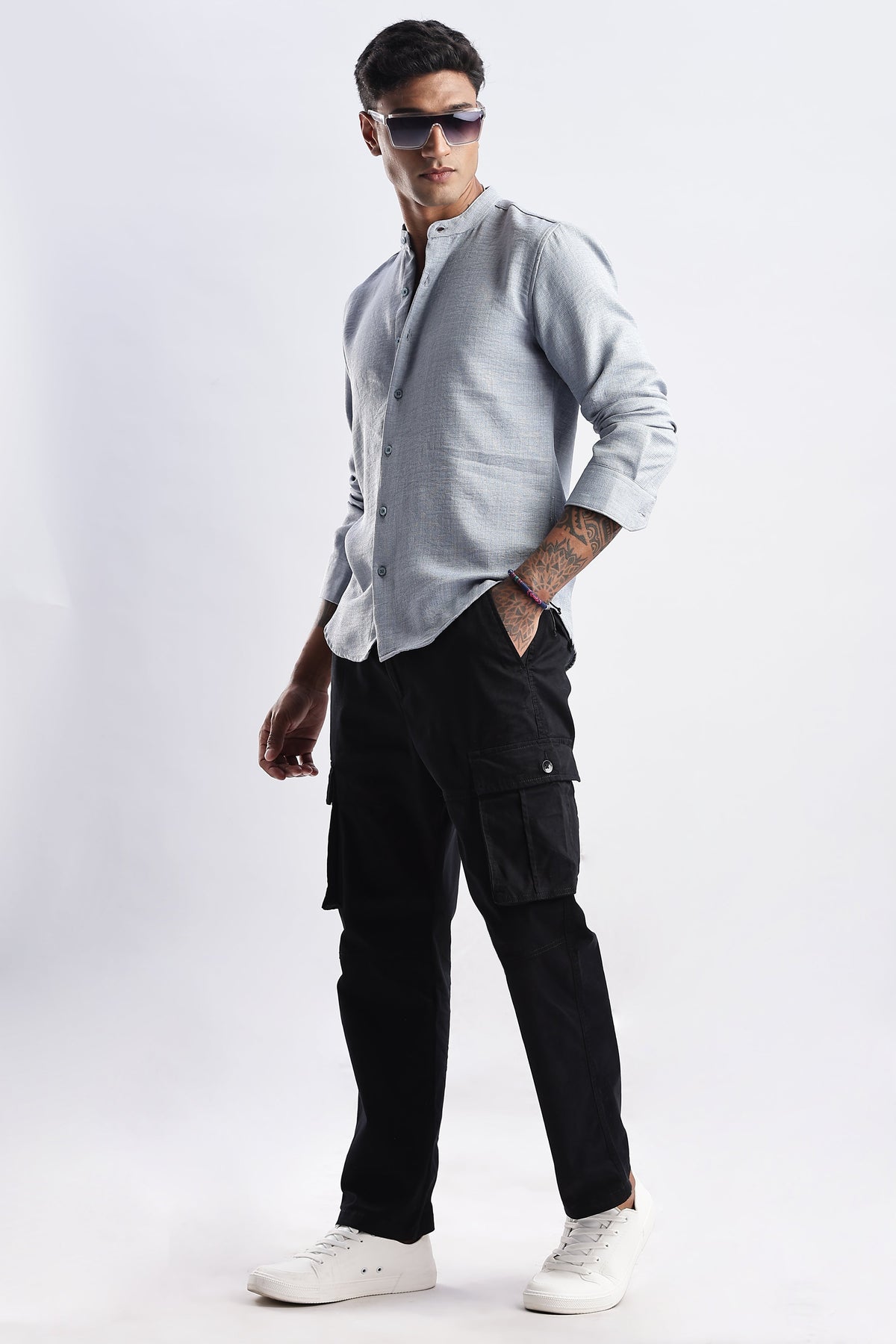 Men Milange Linen Look Shirts Mandarin Collar-Lt Grey